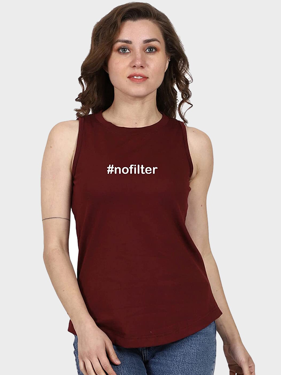 T-SHIRT TRUCK Typography Printed Sleeveless Cotton T-shirt, Maroon