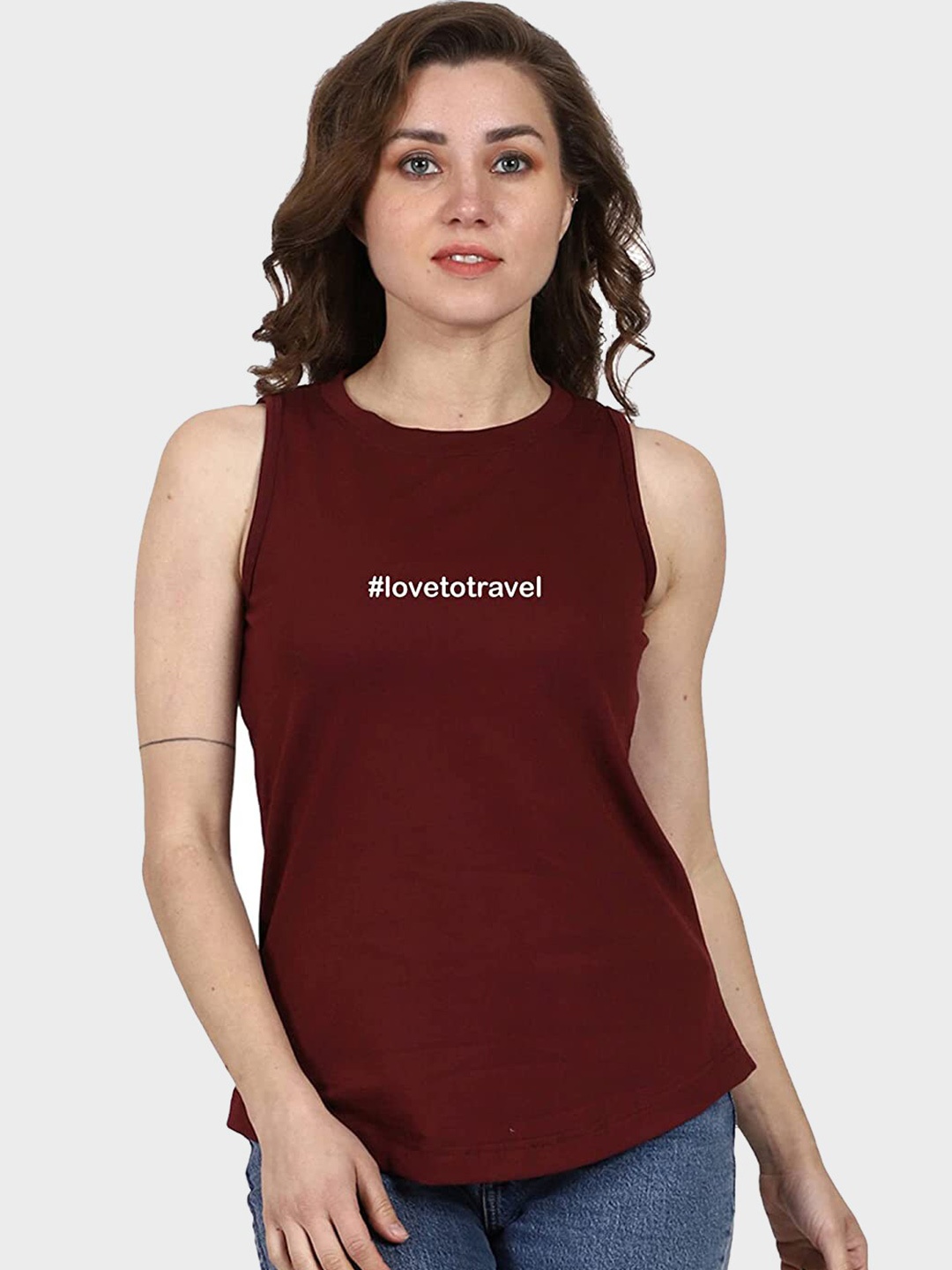 

T-SHIRT TRUCK Typography Printed Sleeveless Cotton T-shirt, Maroon