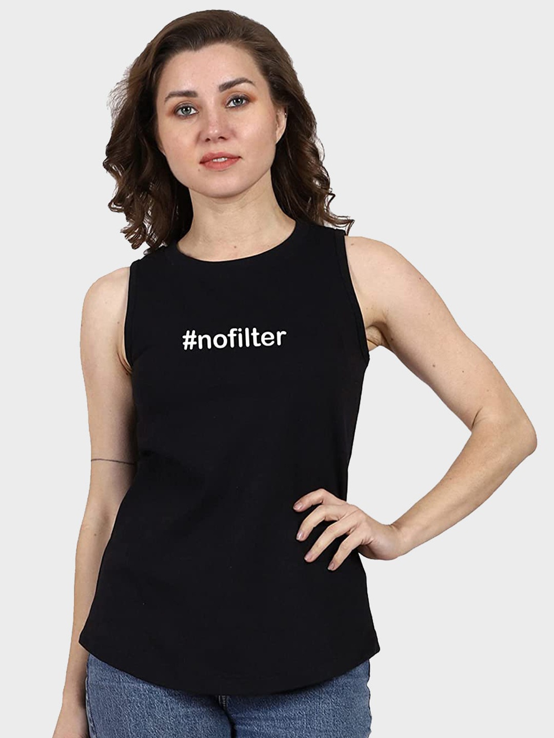 

T-SHIRT TRUCK Typography Sleeveless Cotton Longline T-shirt, Black