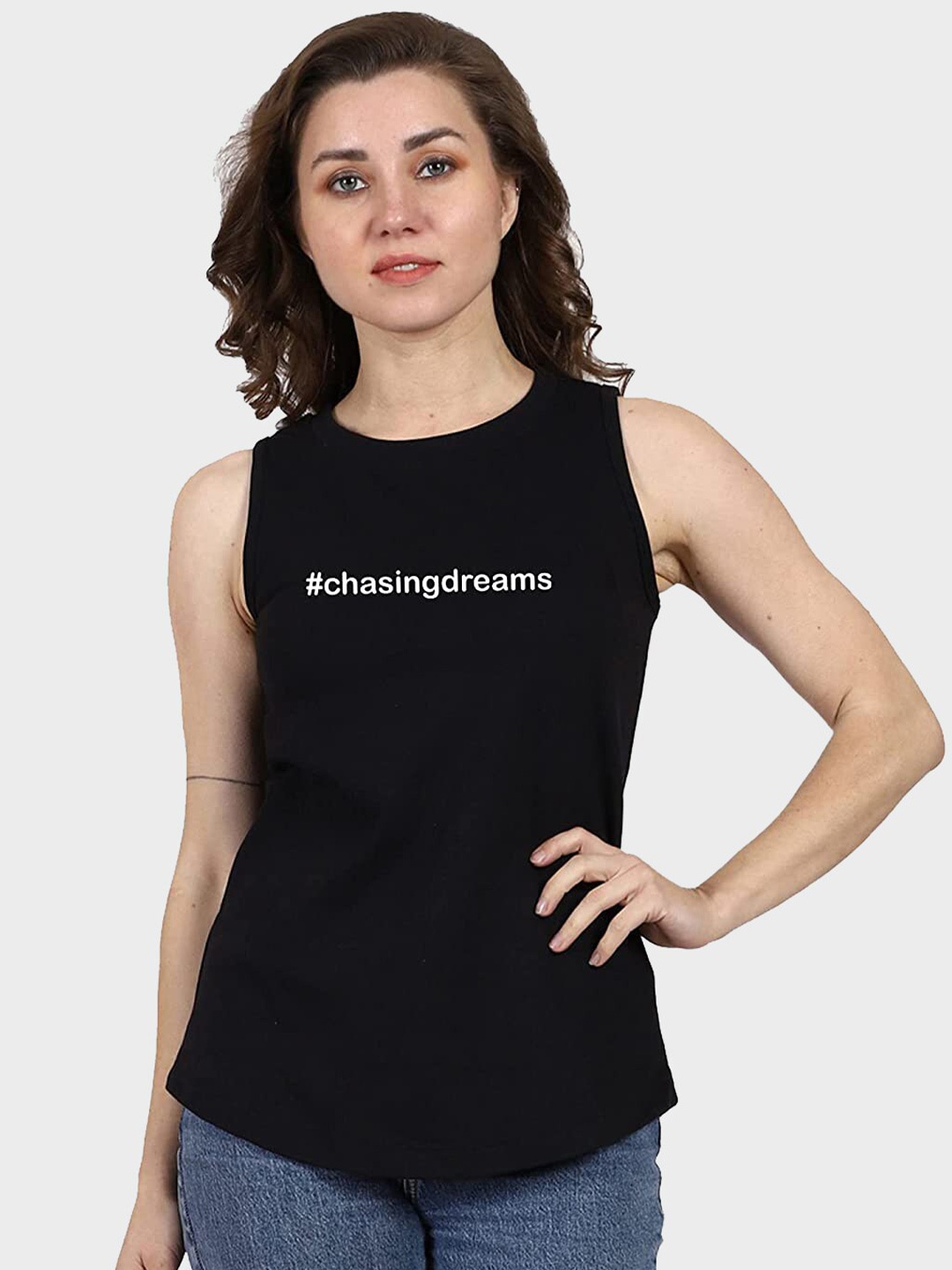 T-SHIRT TRUCK Typography Printed Sleeveless Cotton T-shirt, Black