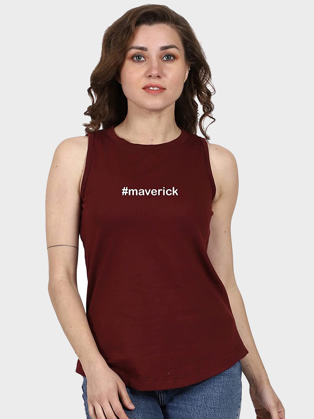 

T-SHIRT TRUCK Typography Printed Sleeveless Cotton T-shirt, Maroon