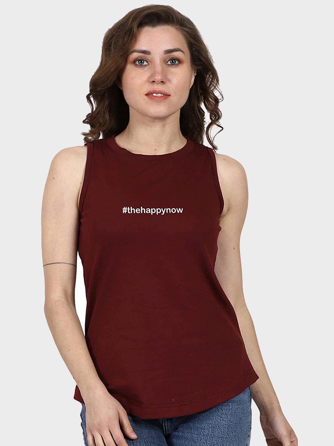 

T-SHIRT TRUCK Typography Printed Sleeveless Cotton T-shirt, Maroon