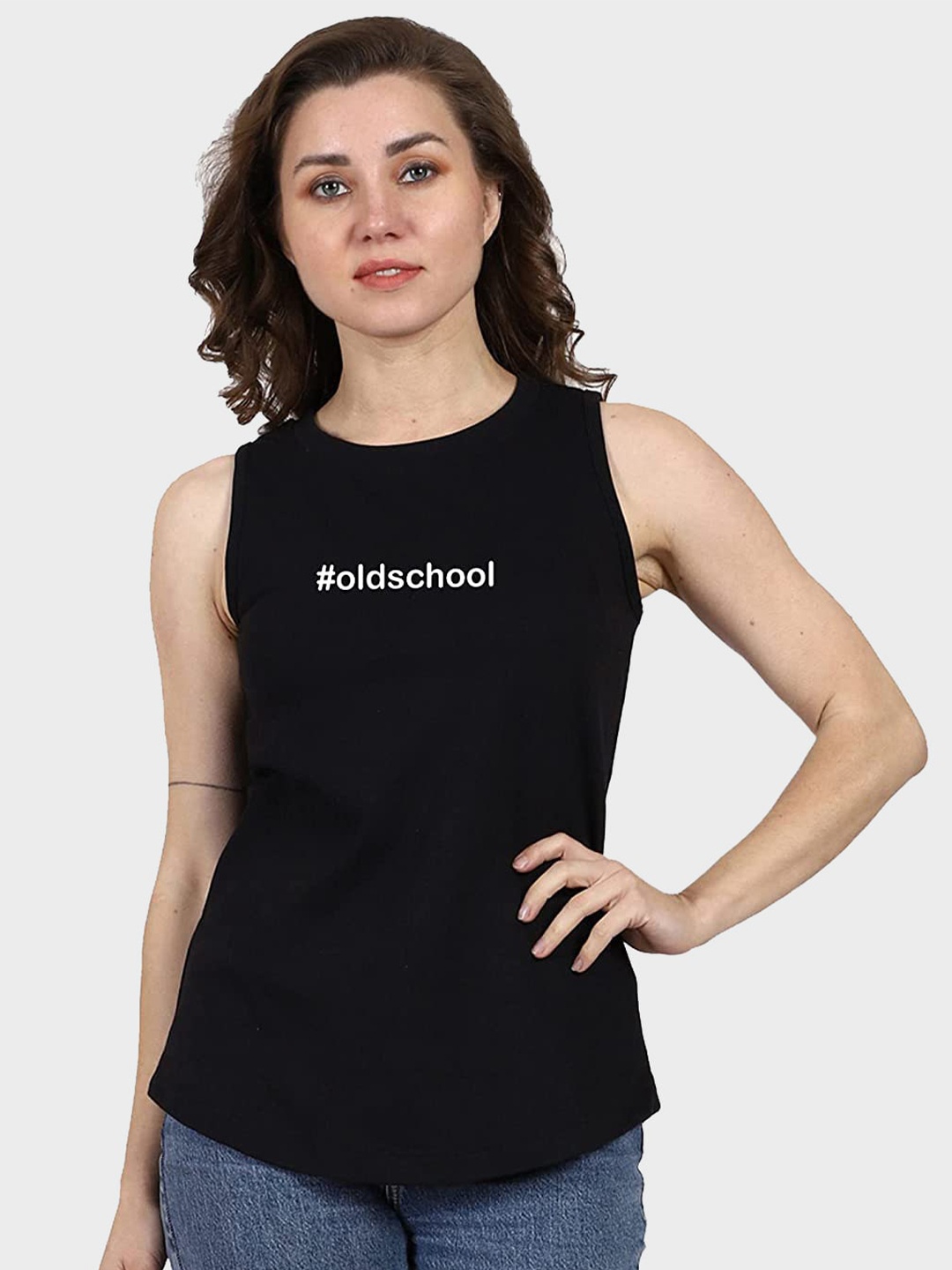 

T-SHIRT TRUCK Typography Printed Sleeveless Cotton T-shirt, Black