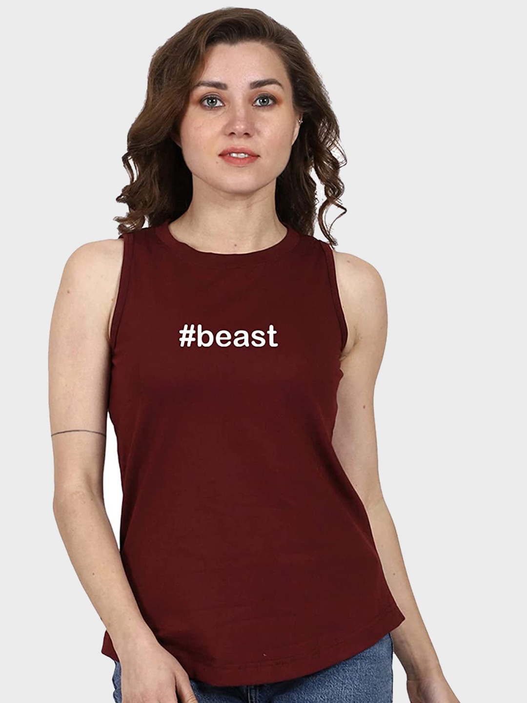 

T-SHIRT TRUCK Typography Printed Sleeveless Cotton T-shirt, Maroon
