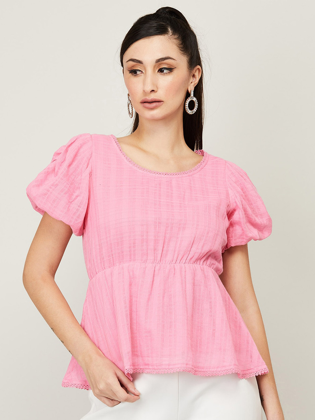 

CODE by Lifestyle Puff Sleeves Tie Ups Cotton Cinched Waist Top, Pink