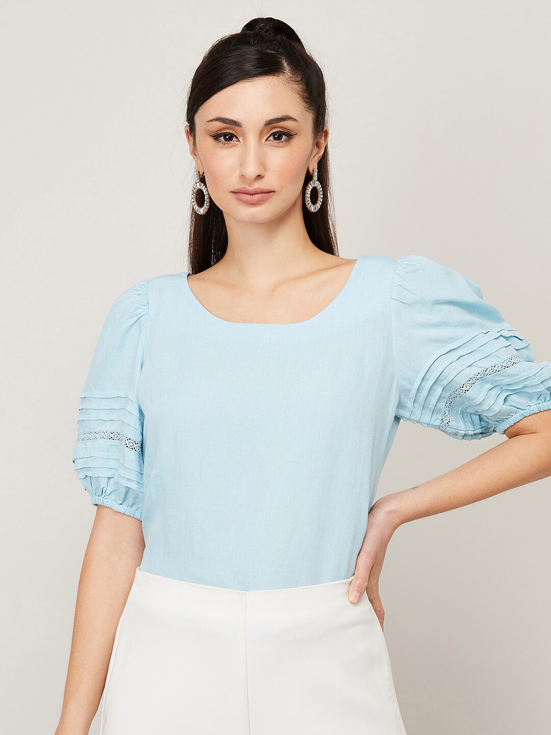 

CODE by Lifestyle Round Neck Puff Sleeves Top, Blue