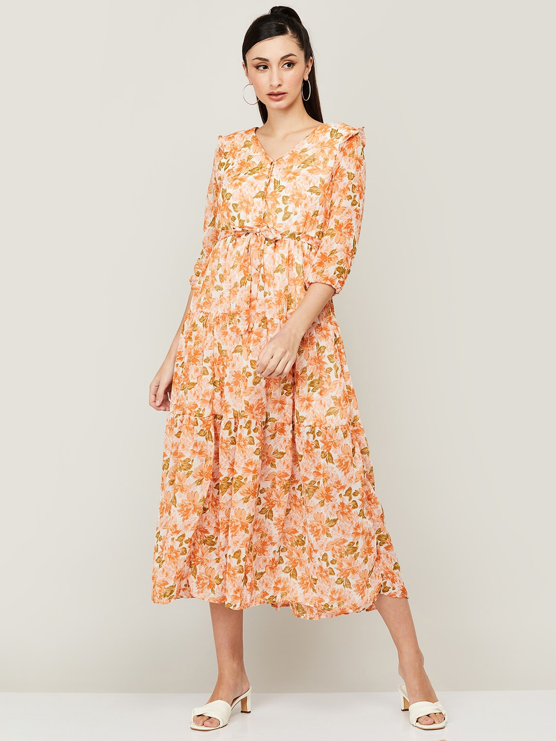 

CODE by Lifestyle Floral Printed V-Neck Tiered A-Line Midi Dress, Off white