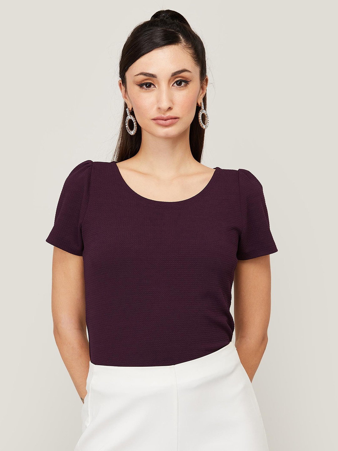 

CODE by Lifestyle Round Neck Puff Sleeves Top, Purple