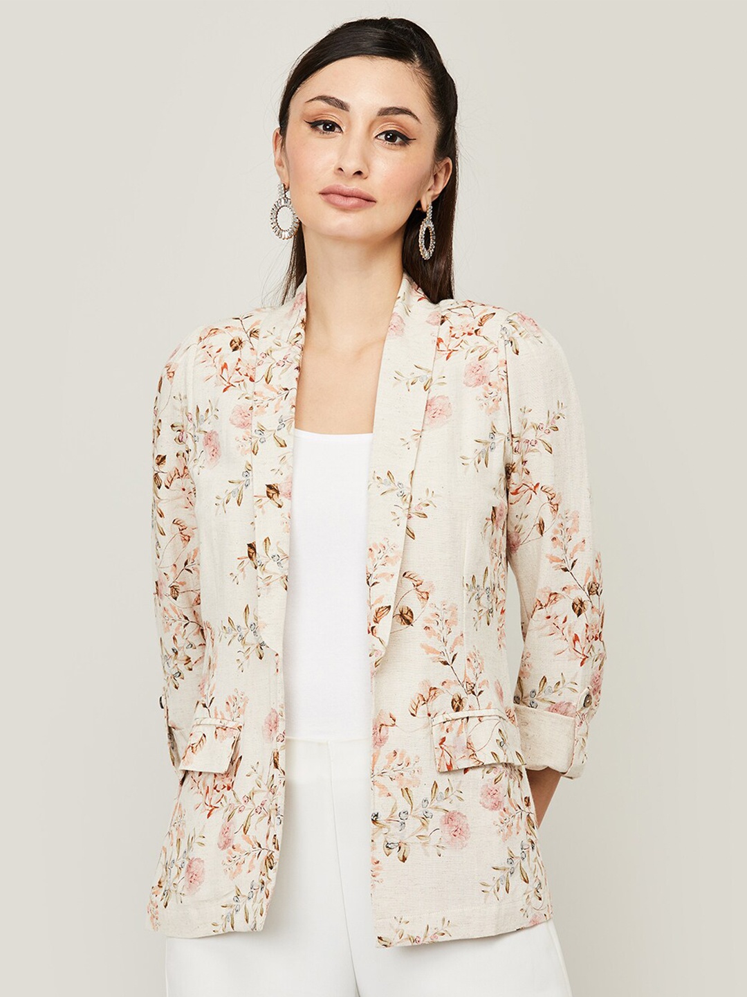 

CODE by Lifestyle Floral Printed Open Front Shrug, Beige