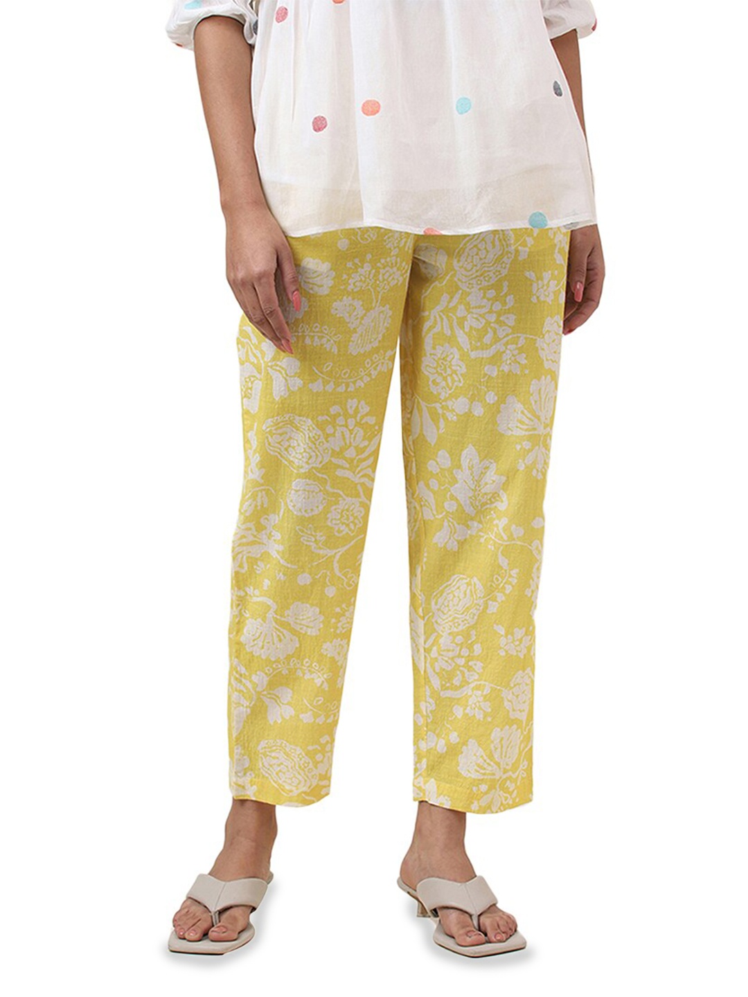 

Fabindia Polka Dots Printed Pure Cotton Tunic With Pyjamas, Yellow