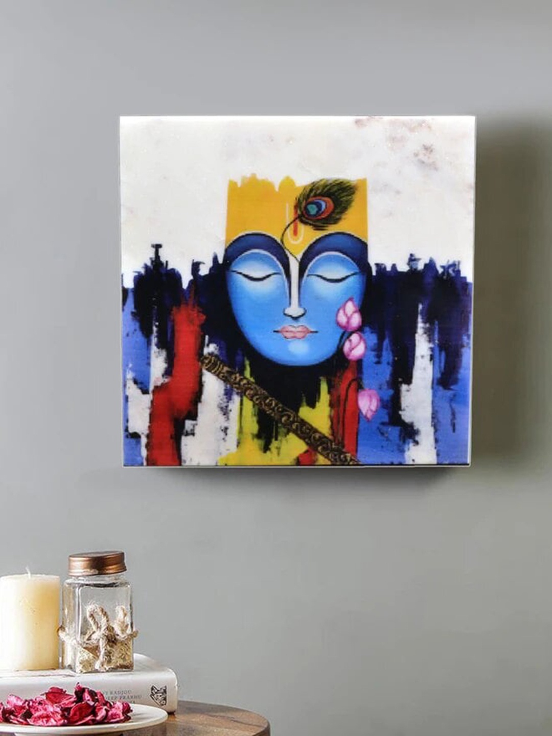 

POSH-N-PLUSH White & Blue Krishna Printed Marble Wall Art