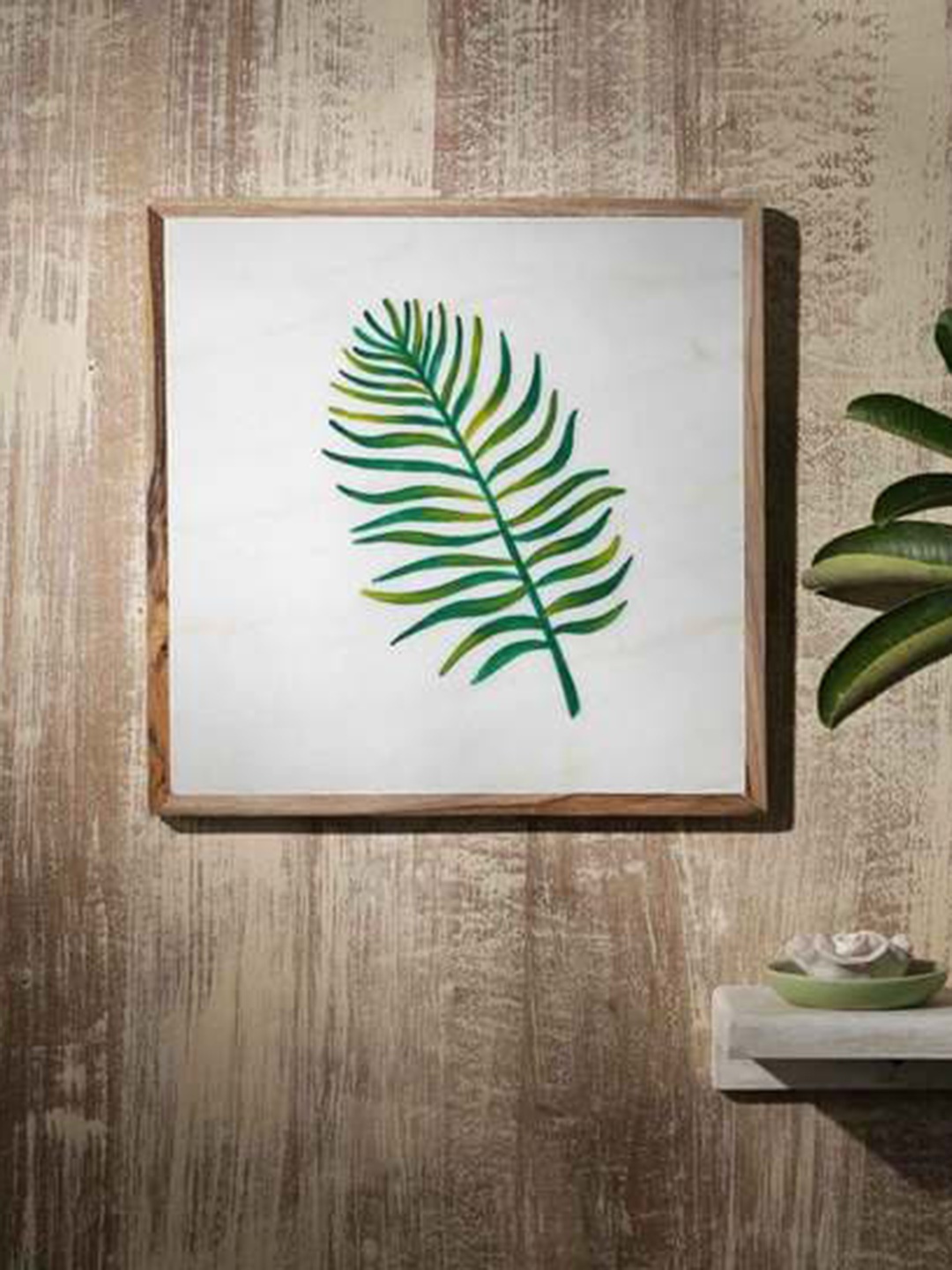 

POSH-N-PLUSH White & Green Leaf Printed Marble Wall Art