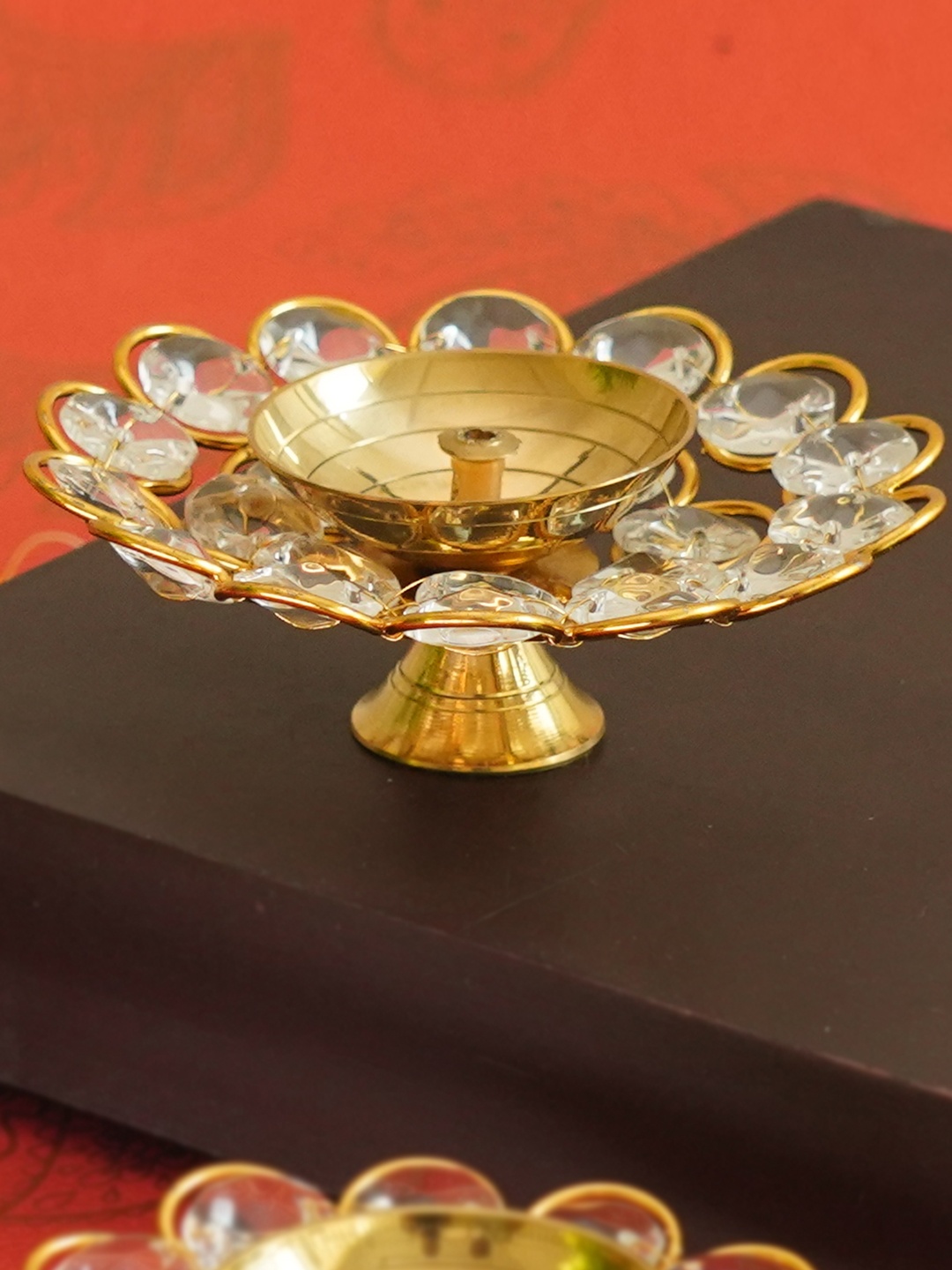 

TIED RIBBONS Gold-Toned Crystal Design Akhand Brass Diya
