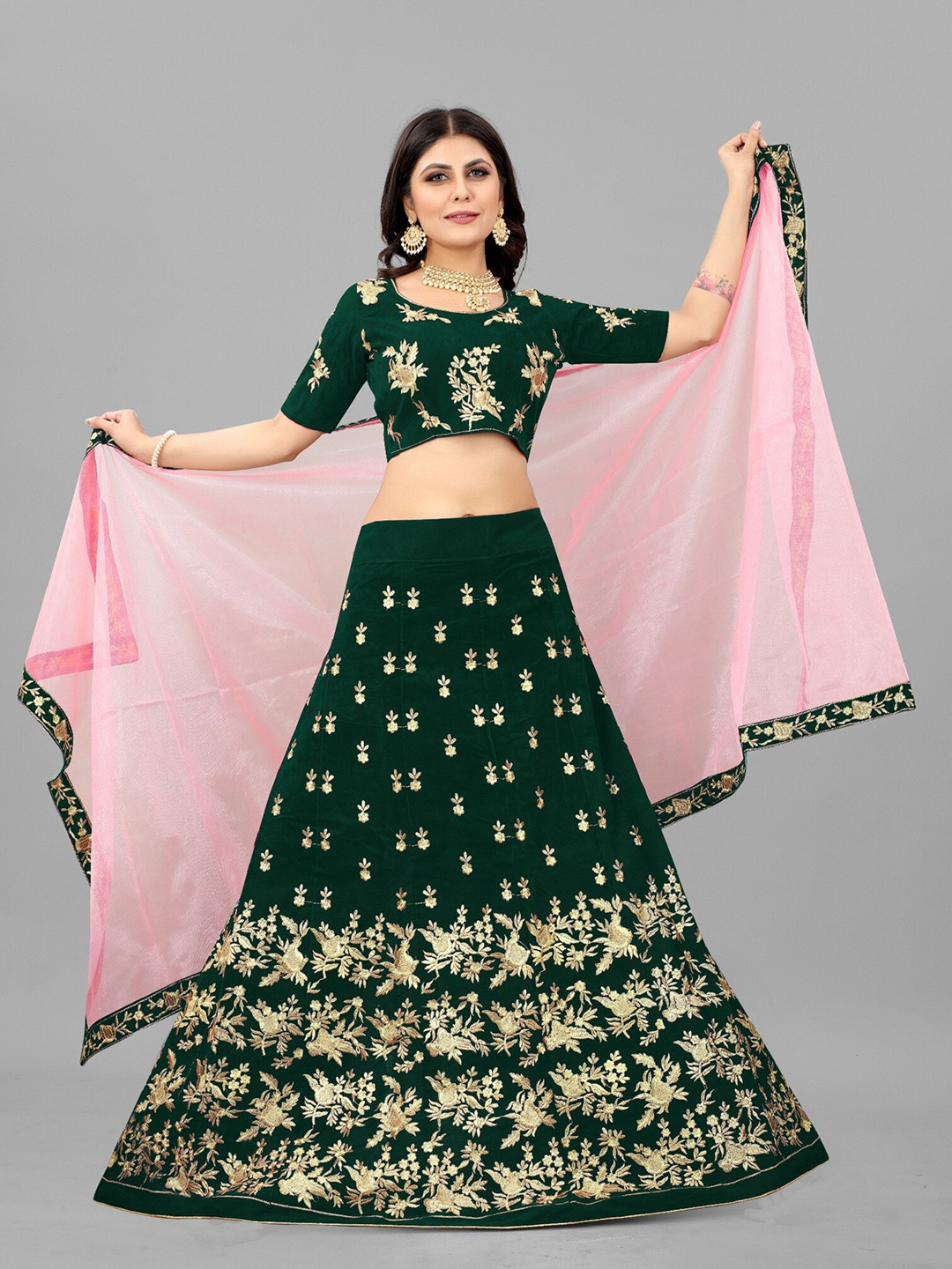 

APNISHA Embroidered Thread Work Semi-Stitched Lehenga & Unstitched Blouse With Dupatta, Green