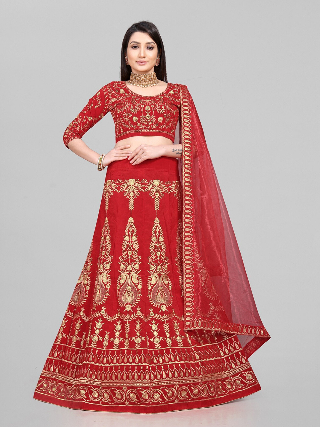 

APNISHA Embroidered Thread Work Semi-Stitched Lehenga & Unstitched Blouse With Dupatta, Red