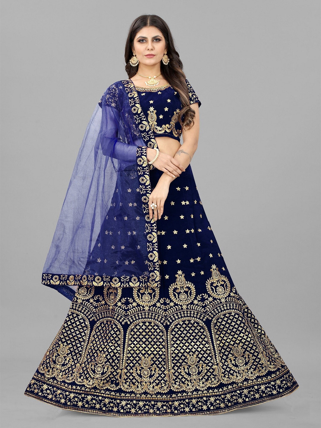 

APNISHA Embroidered Thread Work Semi-Stitched Lehenga & Unstitched Blouse With Dupatta, Blue
