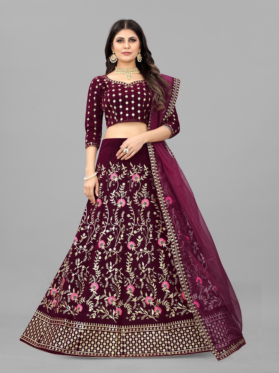 

APNISHA Embroidered Thread Work Semi-Stitched Lehenga & Unstitched Blouse With Dupatta, Maroon