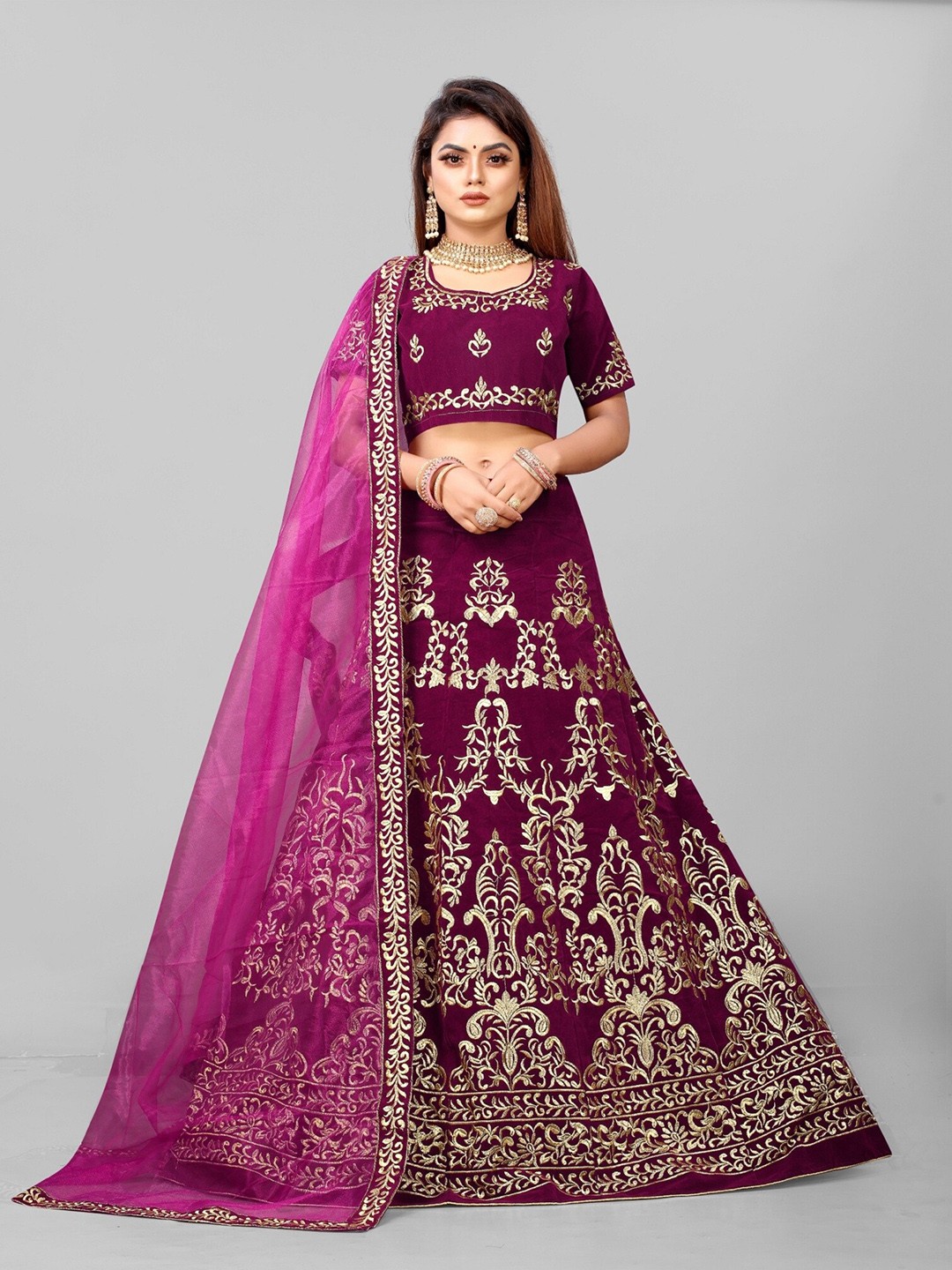 

APNISHA Embroidered Thread Work Semi-Stitched Lehenga & Unstitched Blouse With Dupatta, Purple