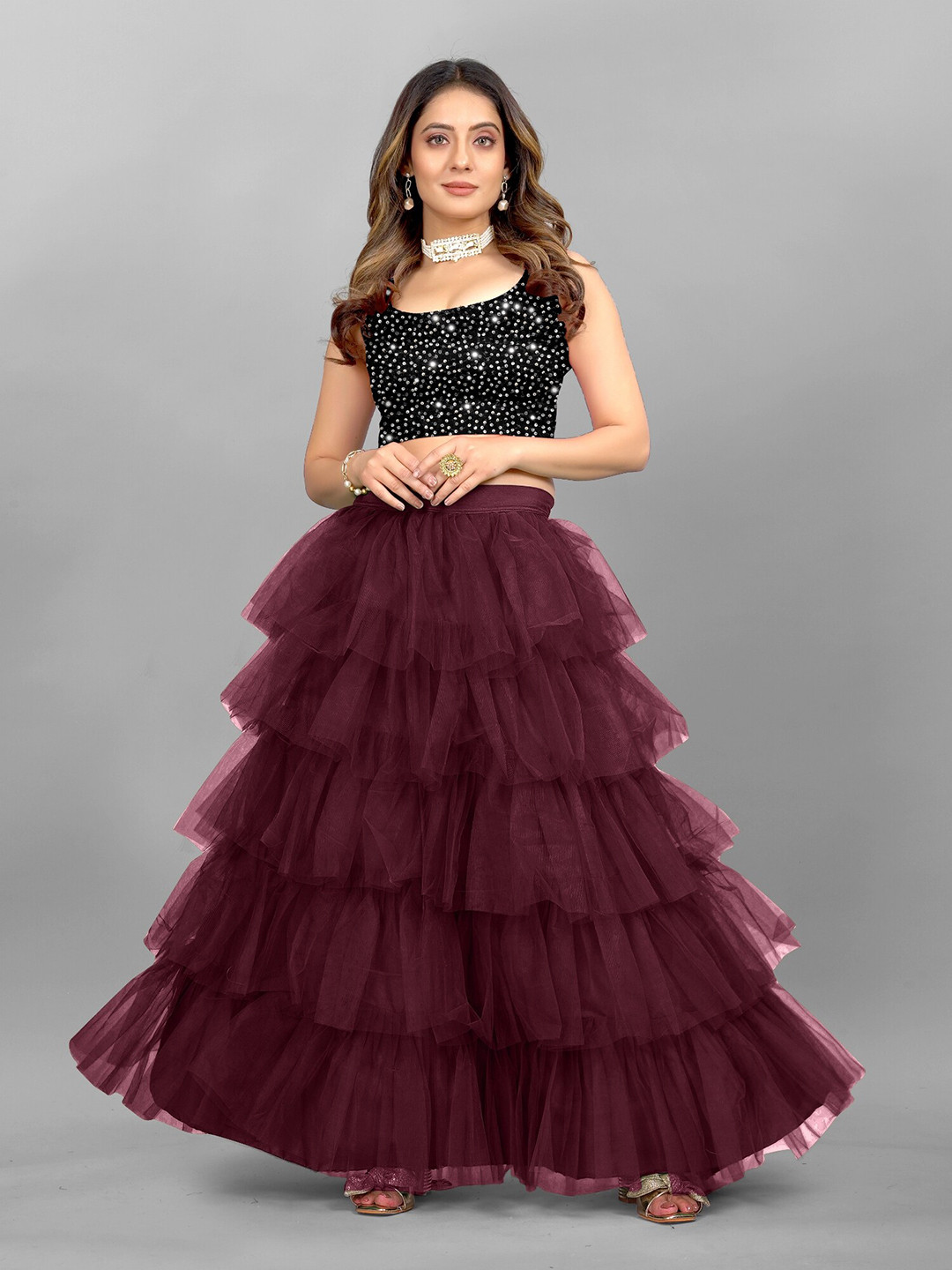 

APNISHA Embellished Sequinned Semi-Stitched Lehenga & Unstitched Blouse, Maroon