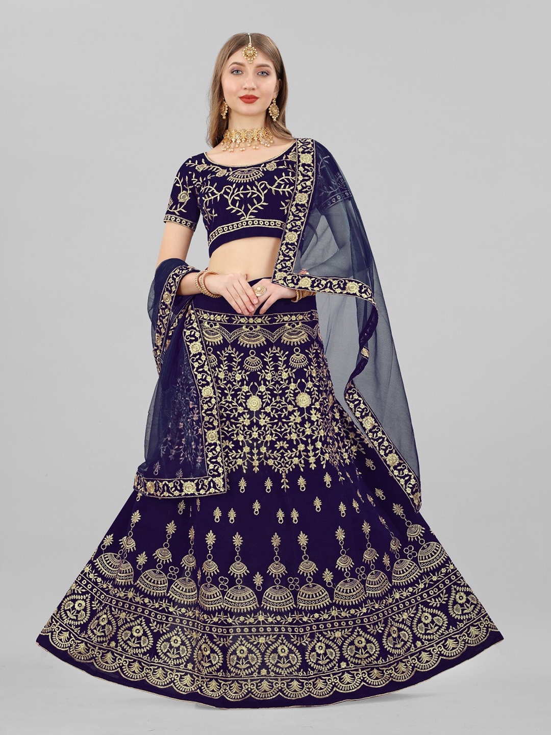 

APNISHA Embroidered Thread Work Semi-Stitched Lehenga & Unstitched Blouse With Dupatta, Blue