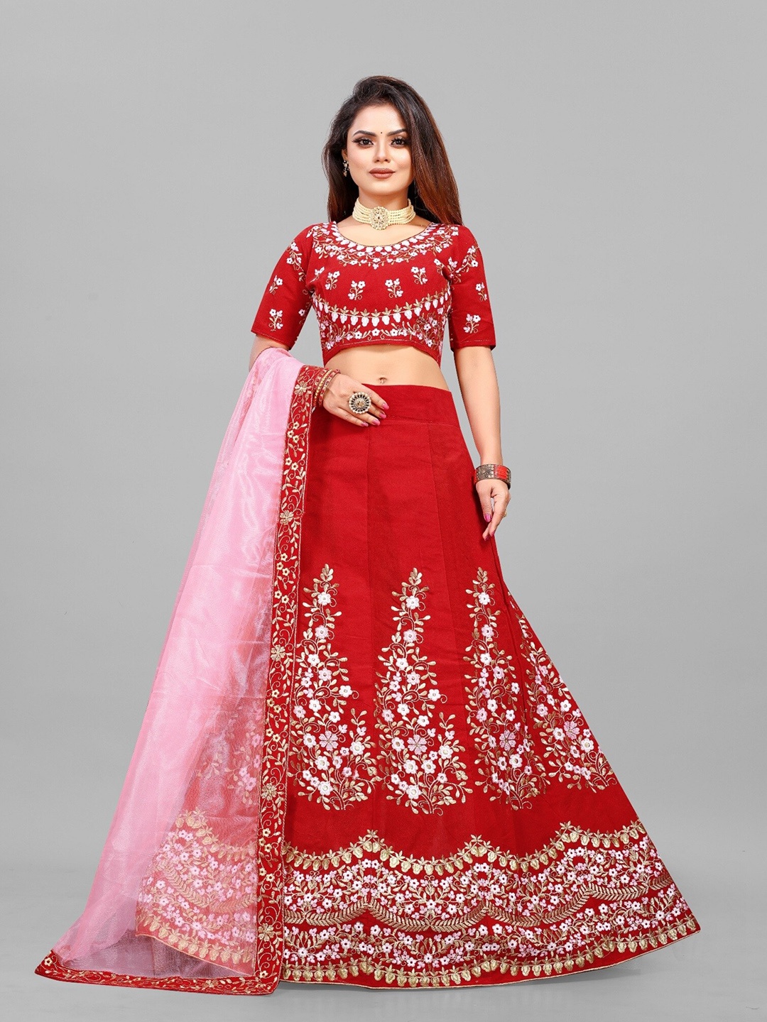 

APNISHA Embroidered Thread Work Semi-Stitched Lehenga & Unstitched Blouse With Dupatta, Red