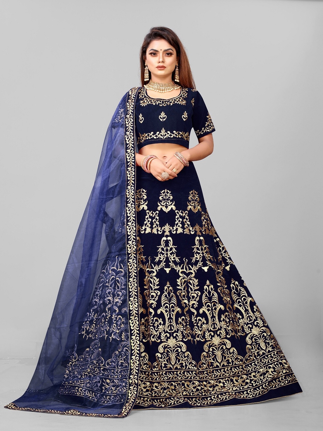 

APNISHA Embroidered Thread Work Semi-Stitched Lehenga & Unstitched Blouse With Dupatta, Blue