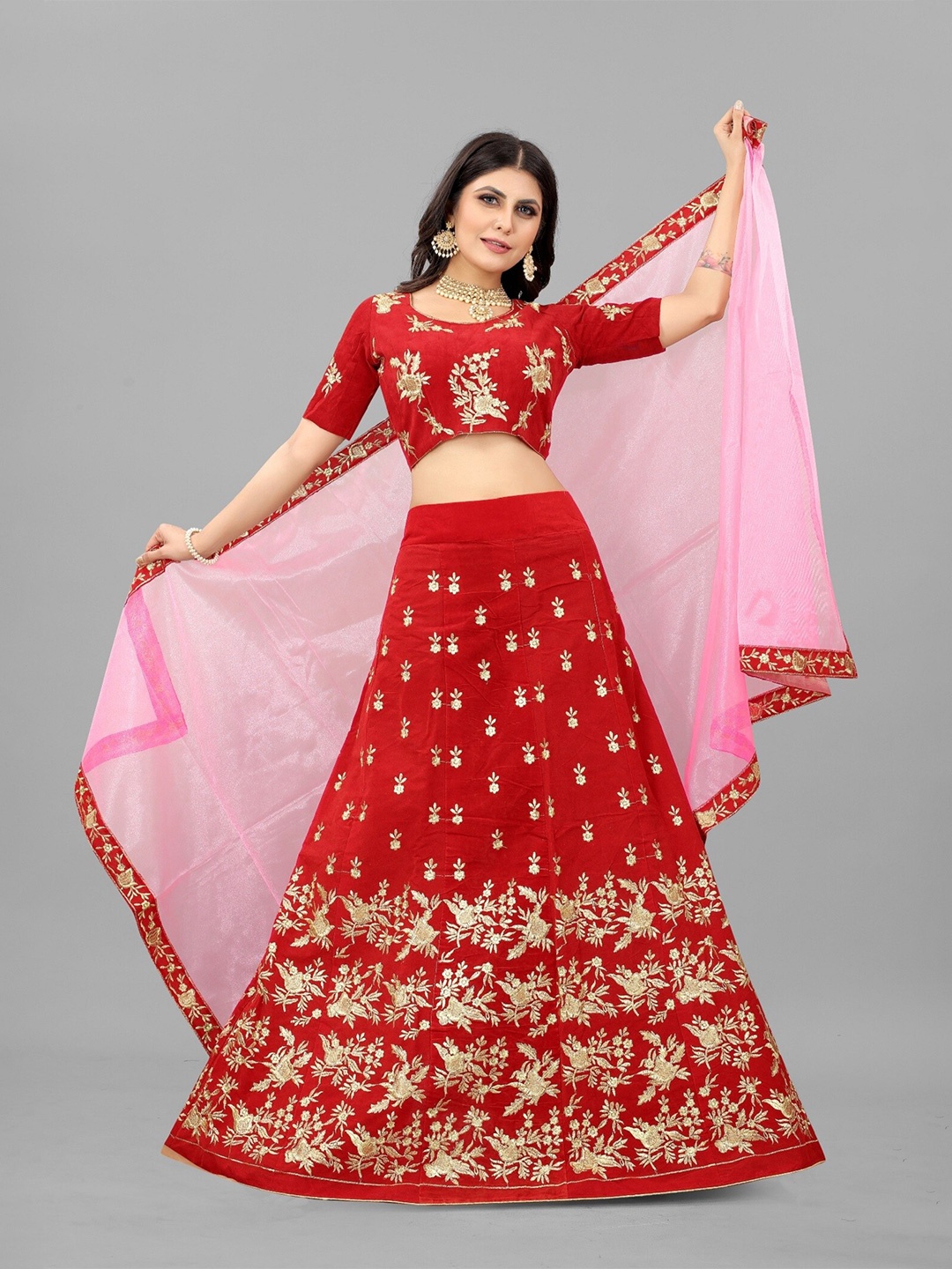 

APNISHA Embroidered Thread Work Semi-Stitched Lehenga & Unstitched Blouse With Dupatta, Red