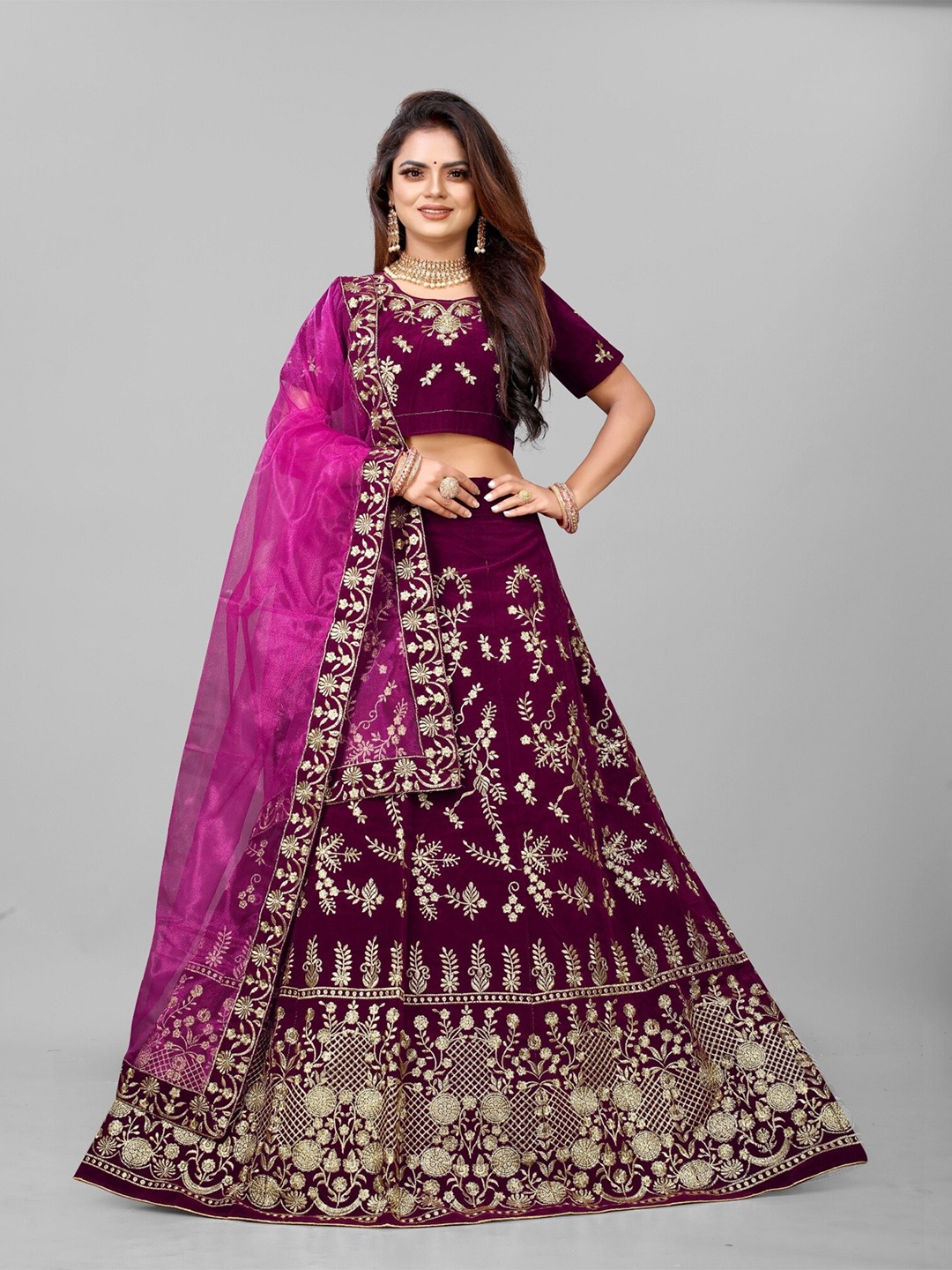 

APNISHA Embroidered Thread Work Semi-Stitched Lehenga & Unstitched Blouse With Dupatta, Purple