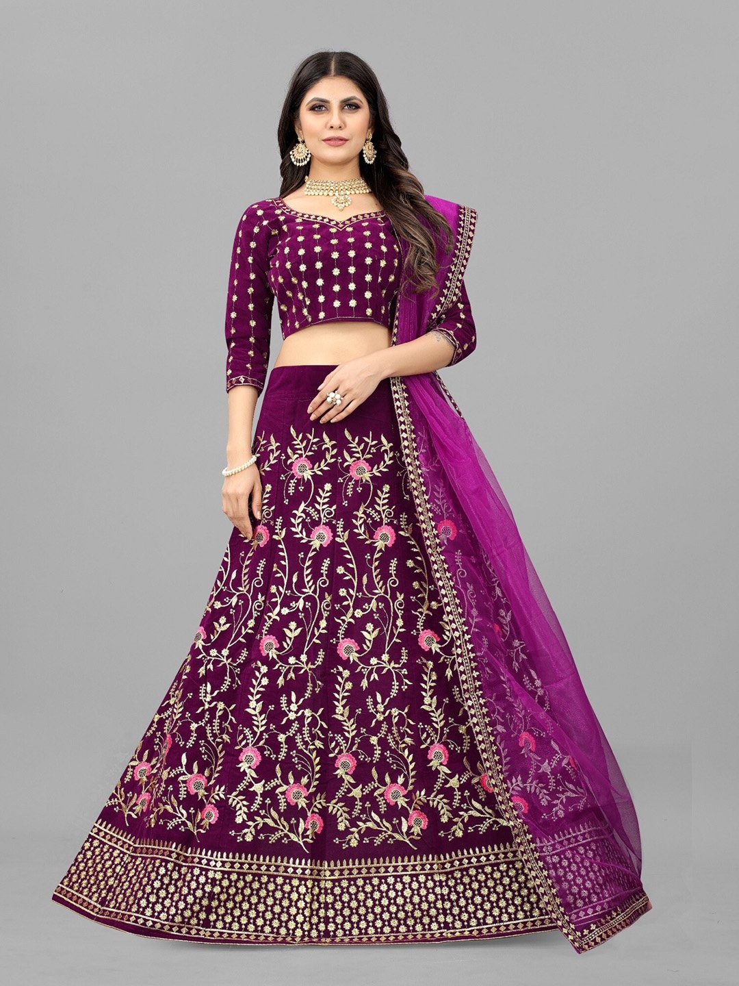 

APNISHA Embroidered Thread Work Semi-Stitched Lehenga & Unstitched Blouse With Dupatta, Purple