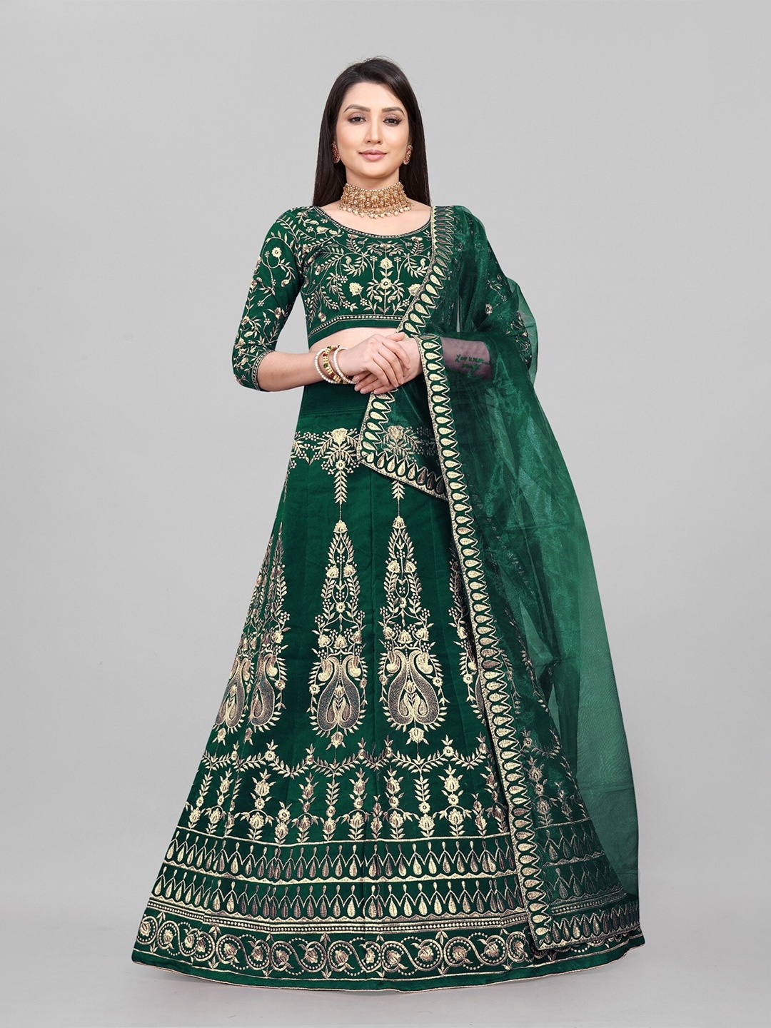 

APNISHA Embroidered Thread Work Semi-Stitched Lehenga & Unstitched Blouse With Dupatta, Green