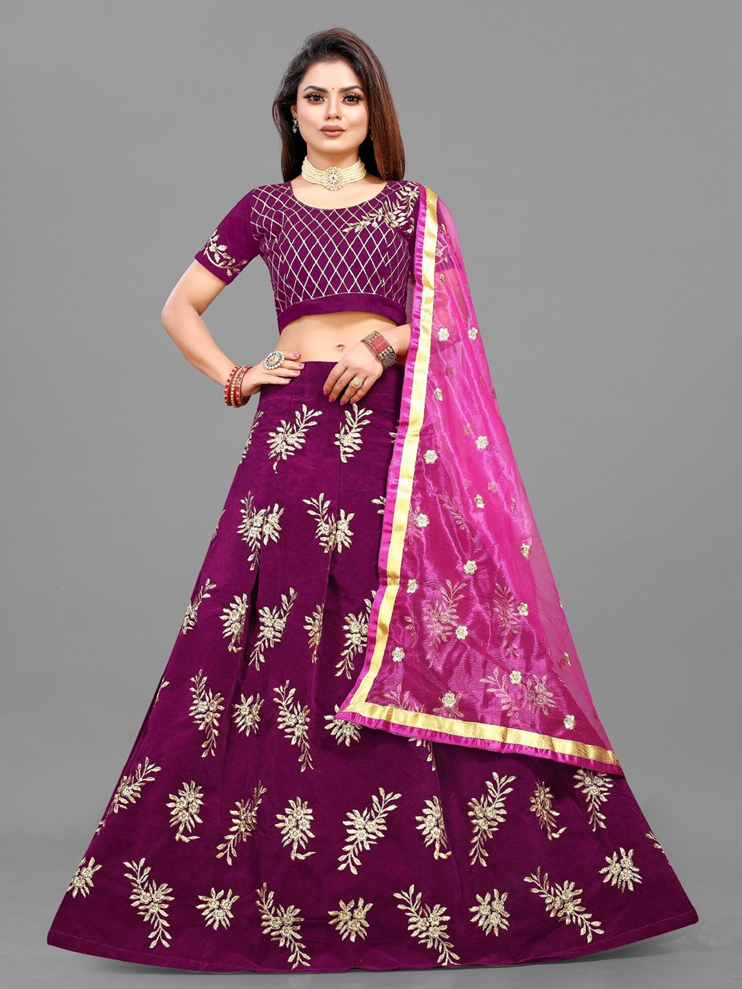 

APNISHA Embroidered Velvet Semi-Stitched Lehenga & Unstitched Blouse With Dupatta, Purple