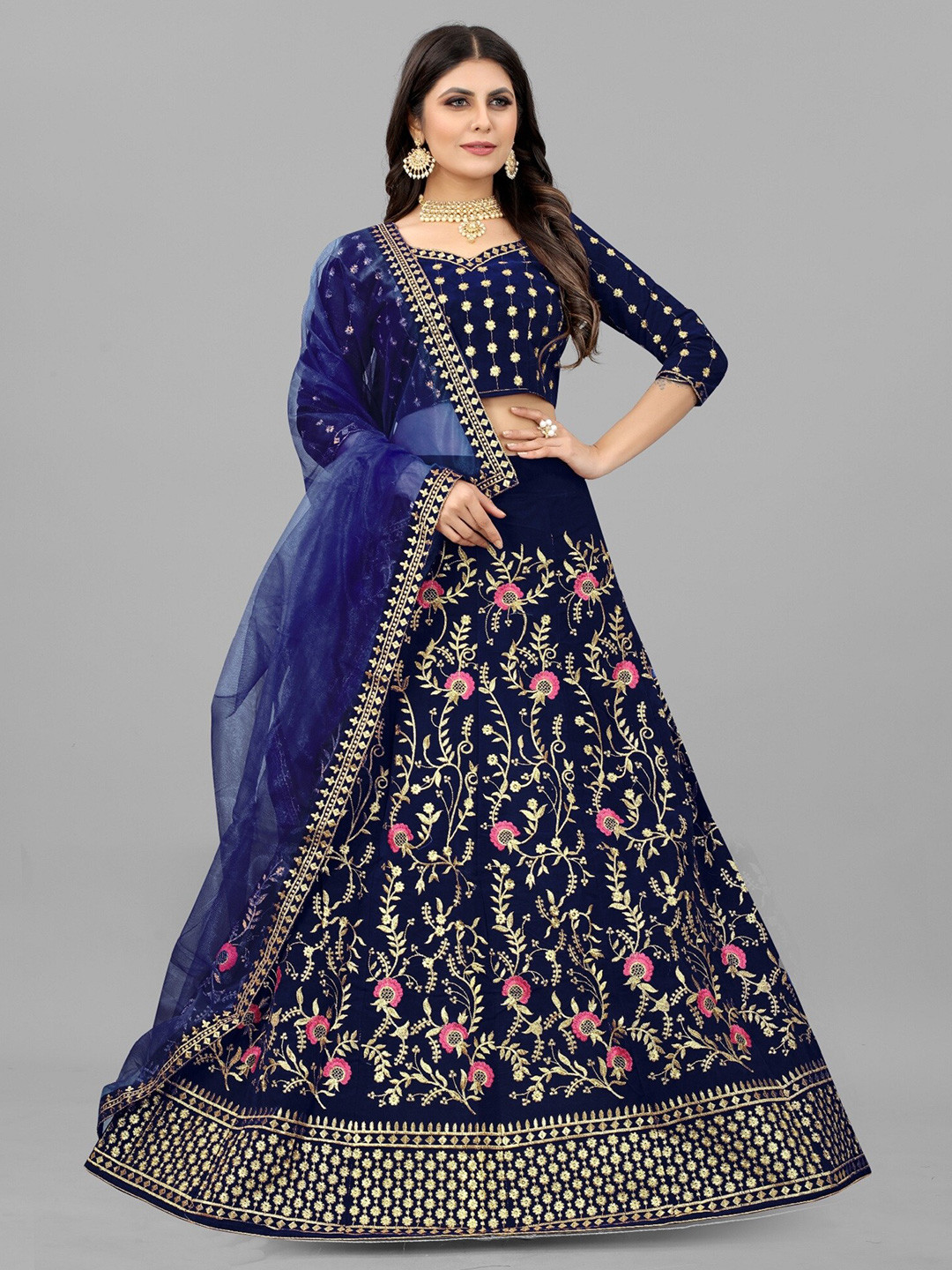 

APNISHA Embroidered Thread Work Semi-Stitched Lehenga & Unstitched Blouse With Dupatta, Blue