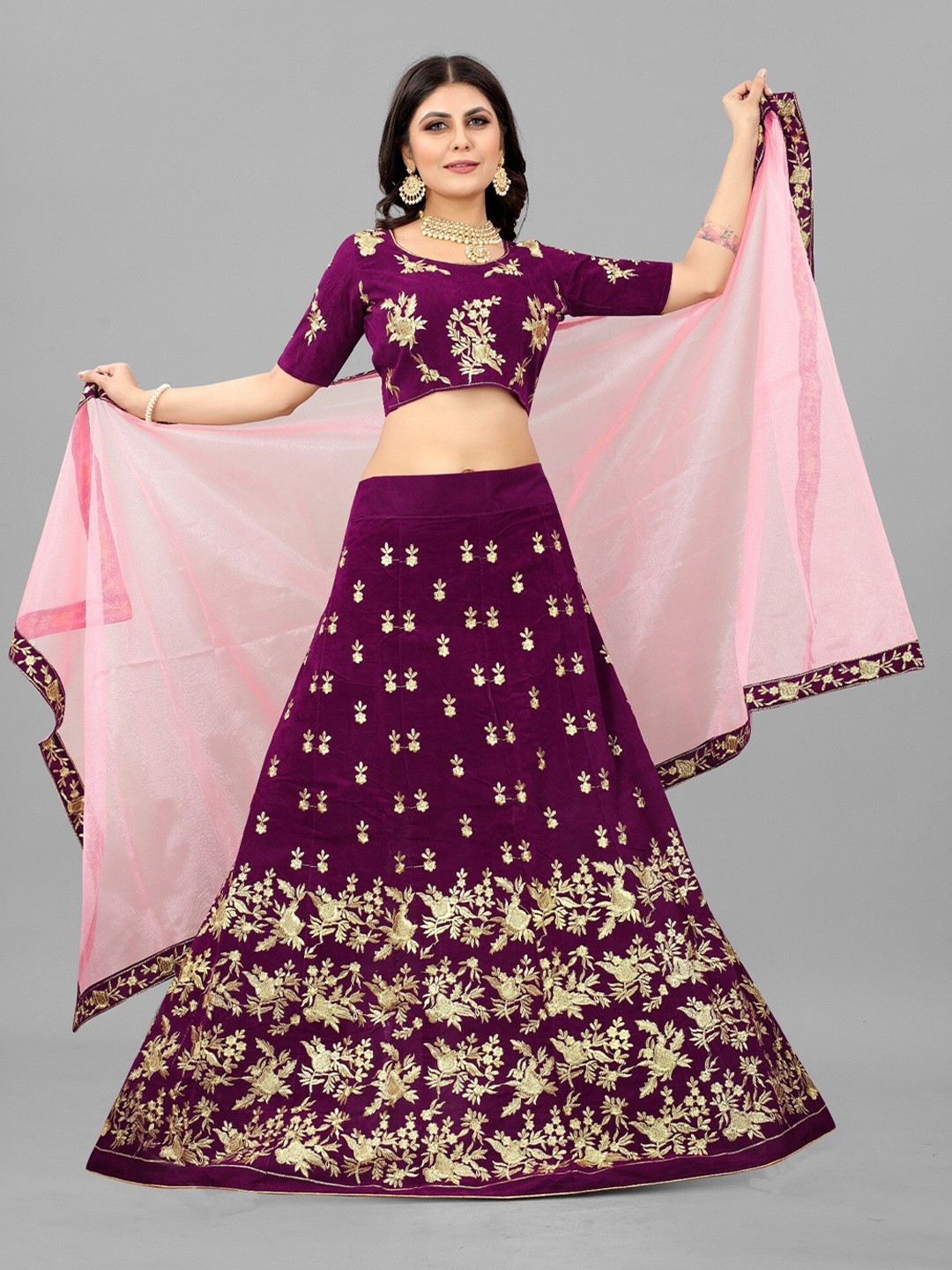 

APNISHA Embroidered Thread Work Semi-Stitched Lehenga & Unstitched Blouse With Dupatta, Purple