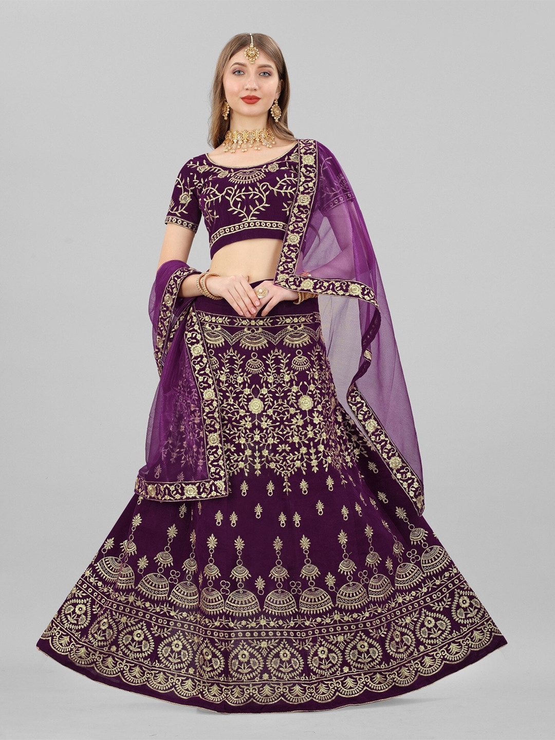 

APNISHA Embroidered Thread Work Semi-Stitched Lehenga & Unstitched Blouse With Dupatta, Purple