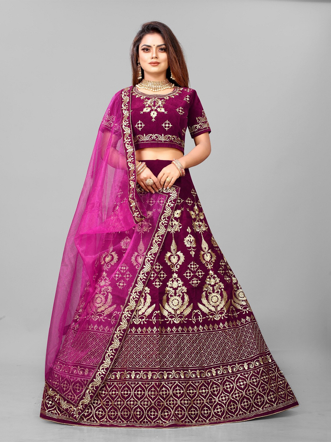 

APNISHA Embroidered Thread Work Semi-Stitched Lehenga & Unstitched Blouse With Dupatta, Purple