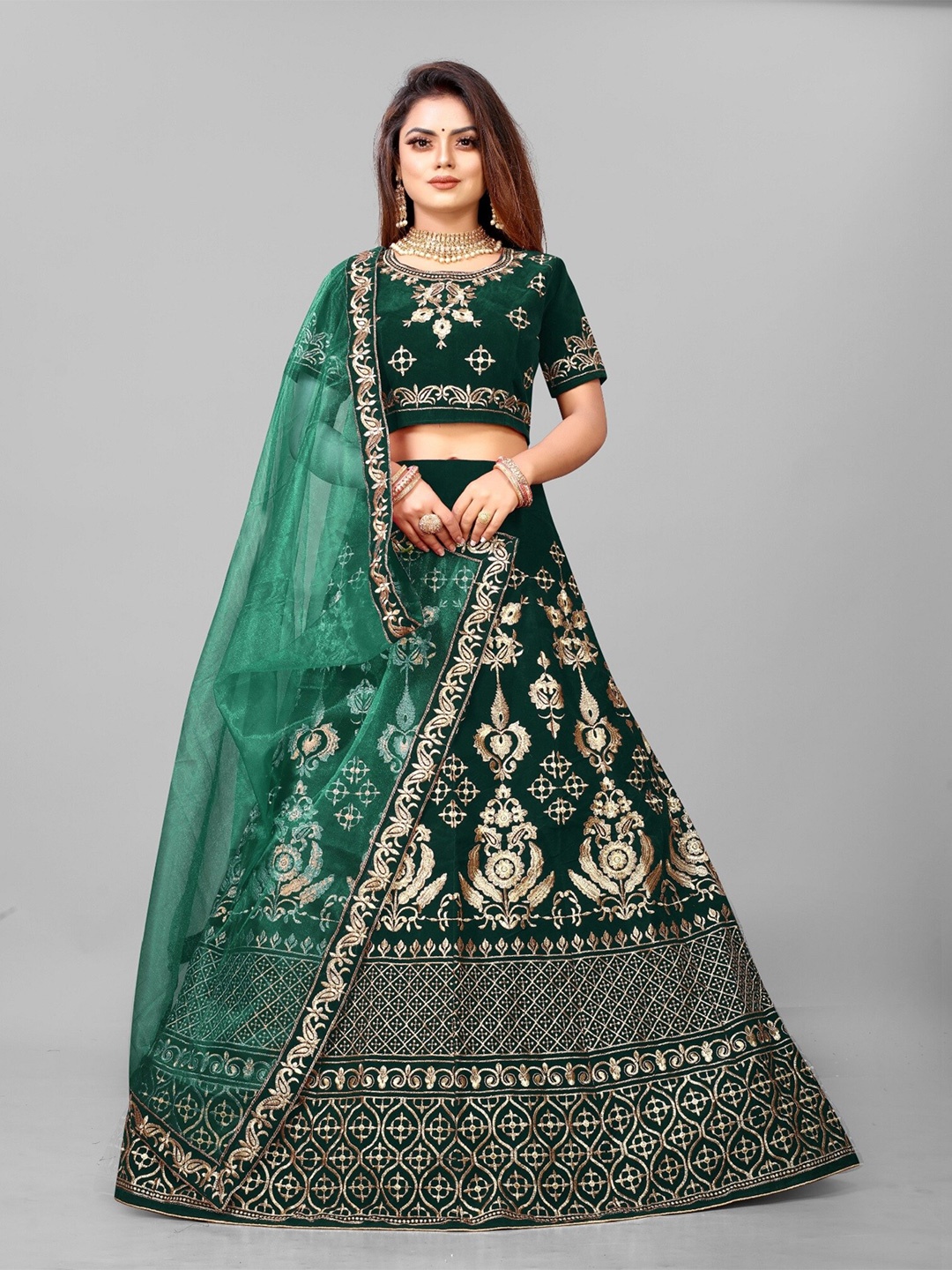 

APNISHA Embroidered Thread Work Semi-Stitched Lehenga & Unstitched Blouse With Dupatta, Green