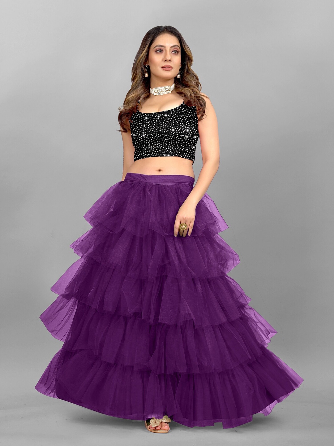 

APNISHA Embellished Sequinned Semi-Stitched Lehenga & Unstitched, Purple