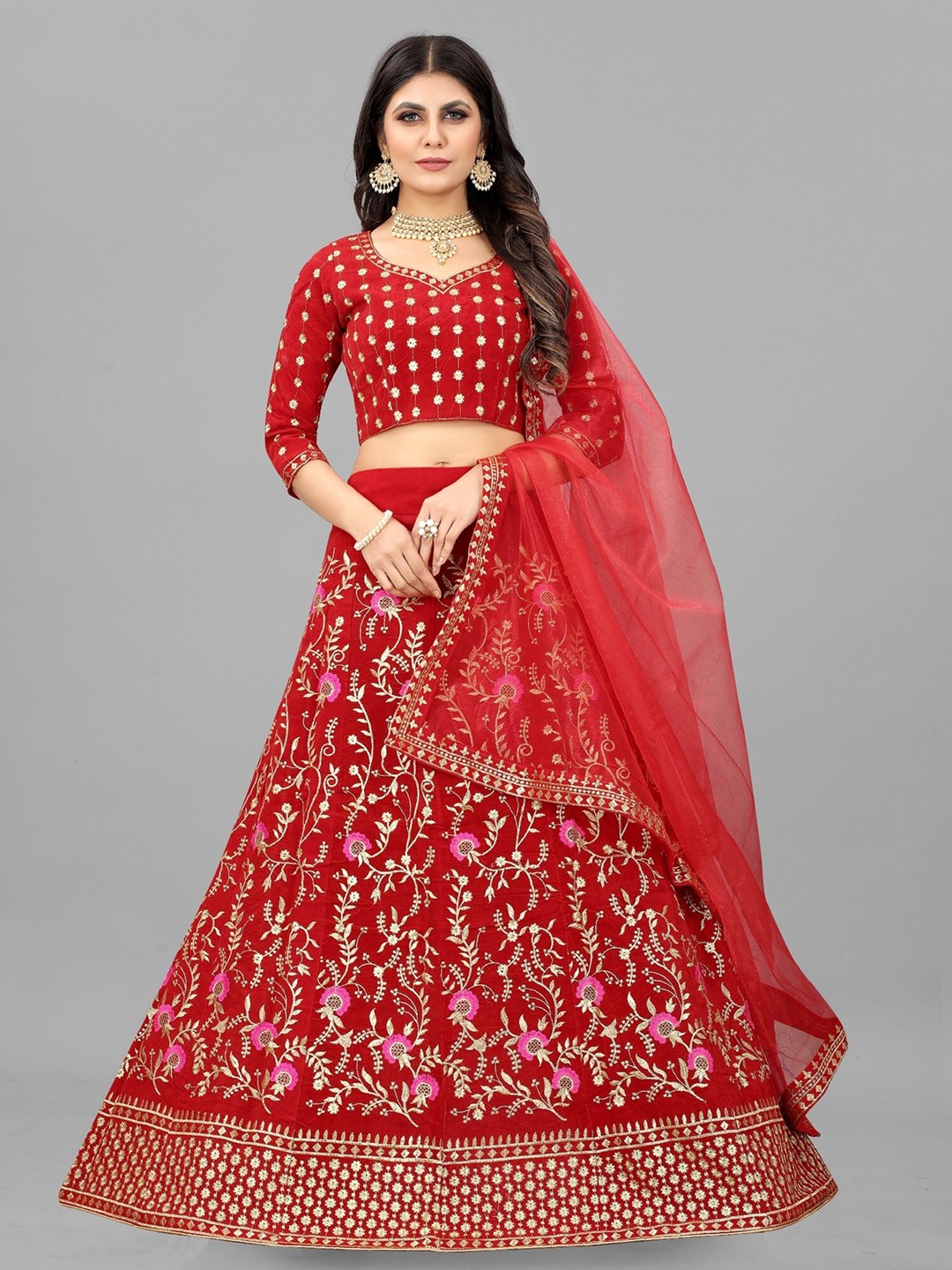 

APNISHA Embroidered Thread Work Semi-Stitched Lehenga & Unstitched Blouse With Dupatta, Red