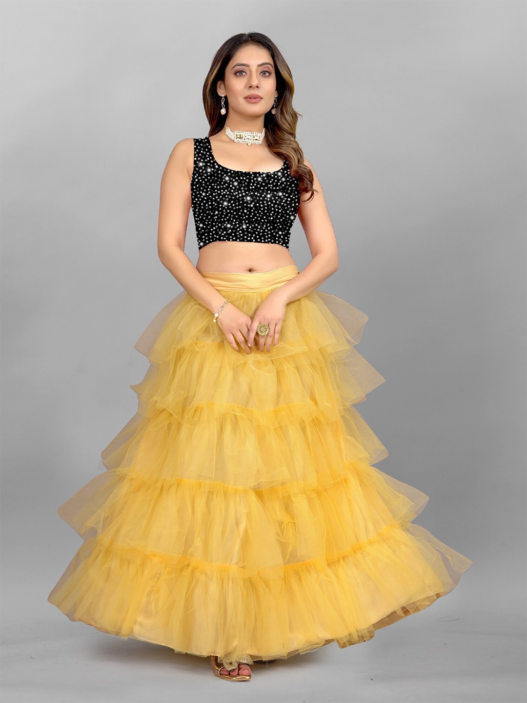 

APNISHA Embellished Sequinned Semi-Stitched Lehenga & Unstitched, Yellow