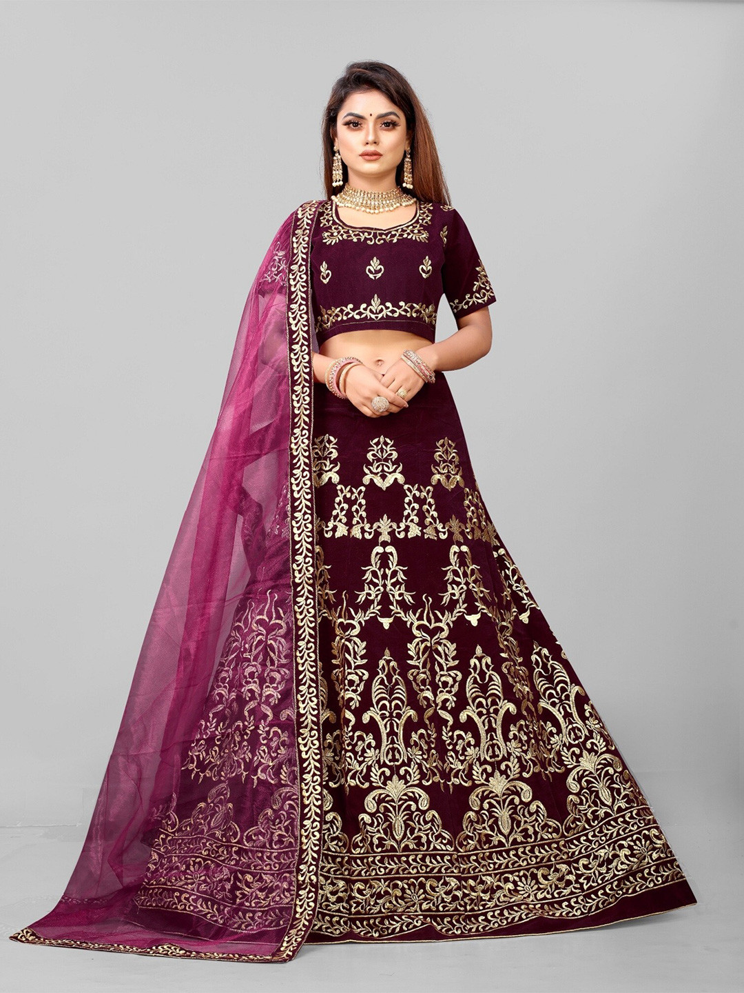 

APNISHA Embroidered Thread Work Semi-Stitched Lehenga & Unstitched Blouse With Dupatta, Maroon