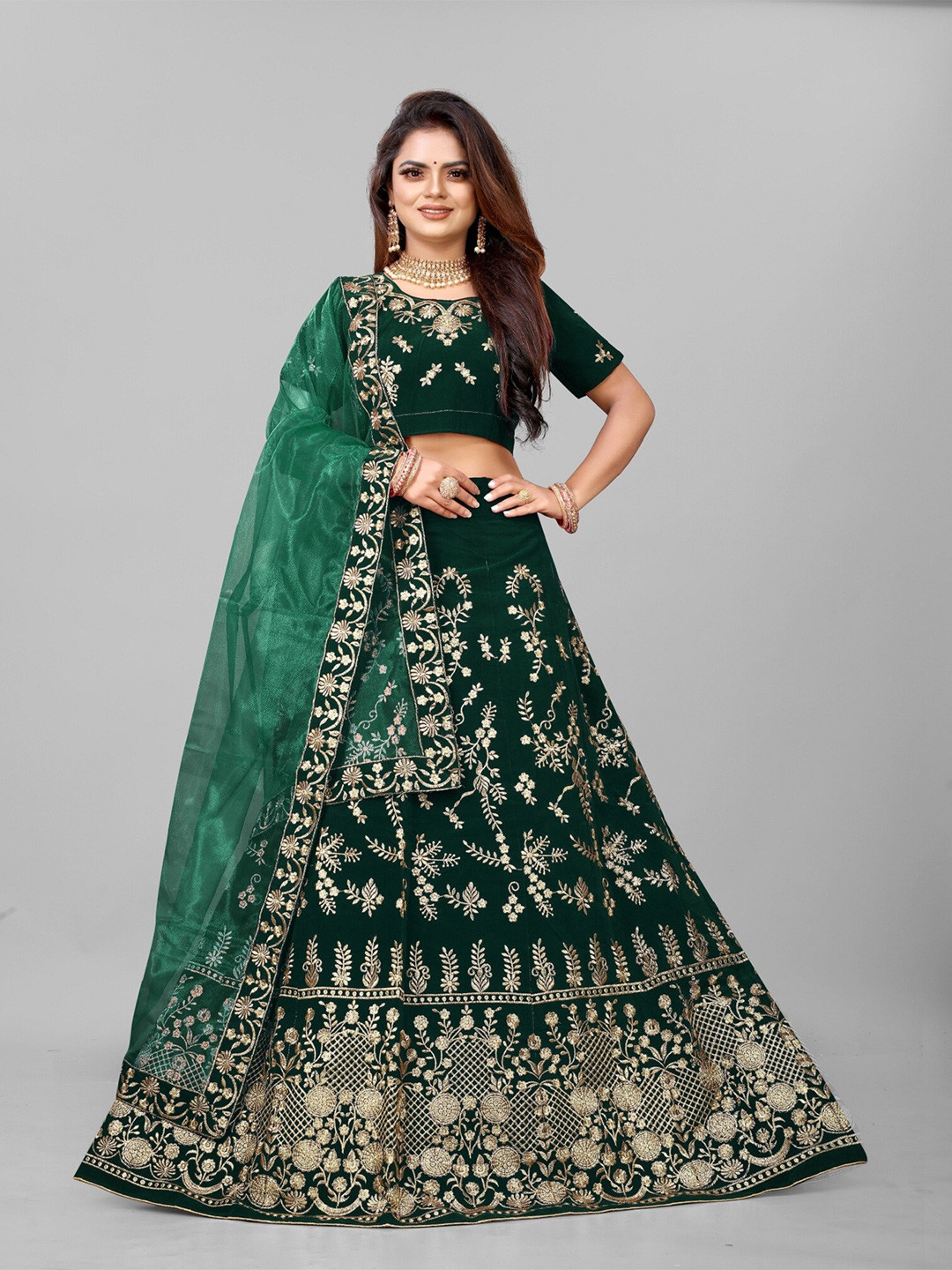 

APNISHA Embroidered Thread Work Semi-Stitched Lehenga & Unstitched Blouse With Dupatta, Green
