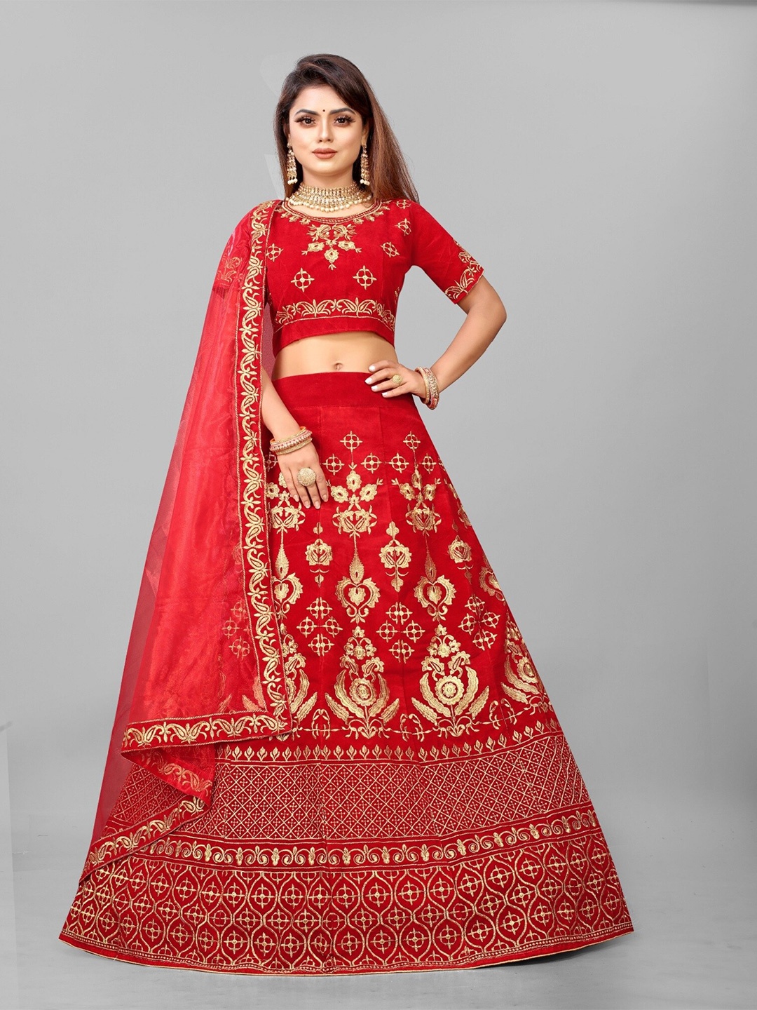 

APNISHA Embroidered Thread Work Semi-Stitched Lehenga & Unstitched Blouse With Dupatta, Red