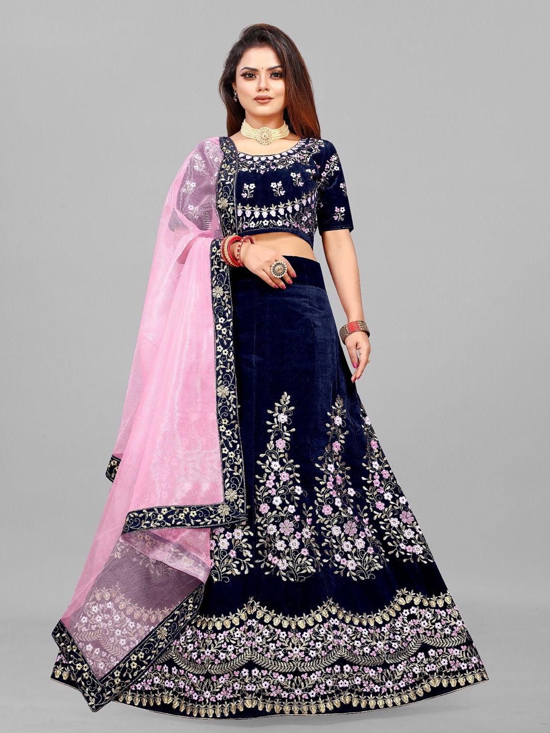 

APNISHA Embroidered Thread Work Velvet Semi-Stitched Lehenga & Blouse With Dupatta, Blue