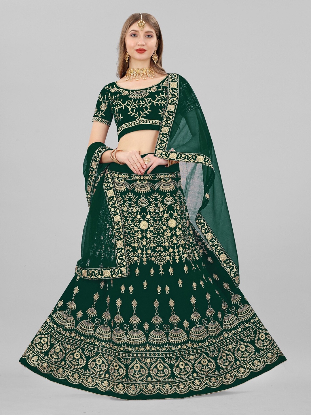 

APNISHA Embroidered Thread Work Semi-Stitched Lehenga & Unstitched Blouse With Dupatta, Green