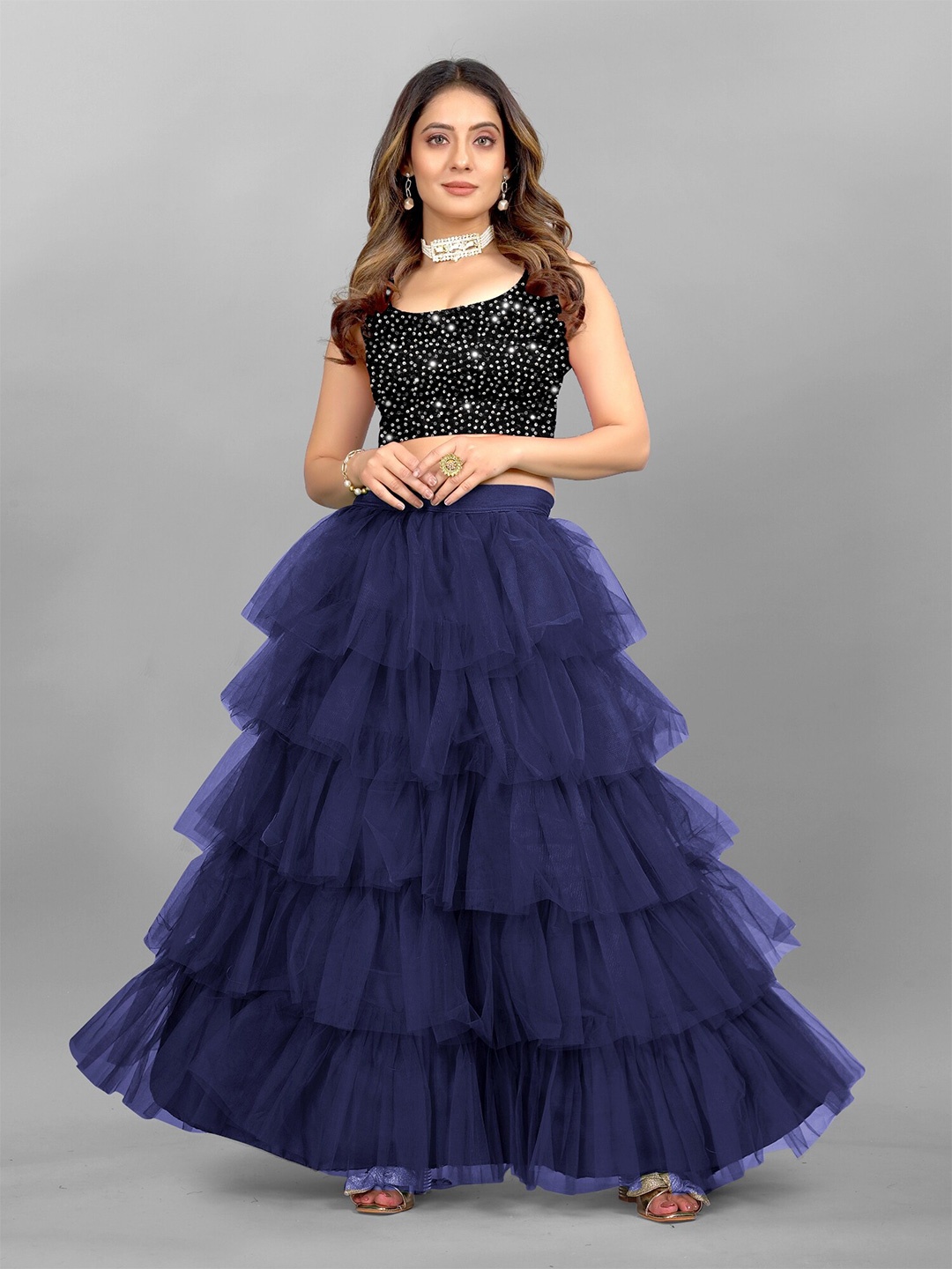 

APNISHA Sequinned Semi-Stitched Lehenga & Unstitched, Navy blue