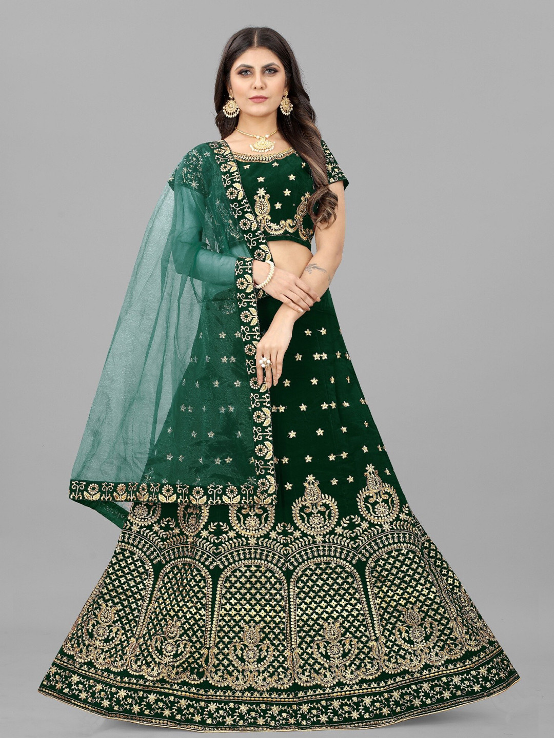 

APNISHA Embroidered Thread Work Semi-Stitched Lehenga & Unstitched Blouse With Dupatta, Green