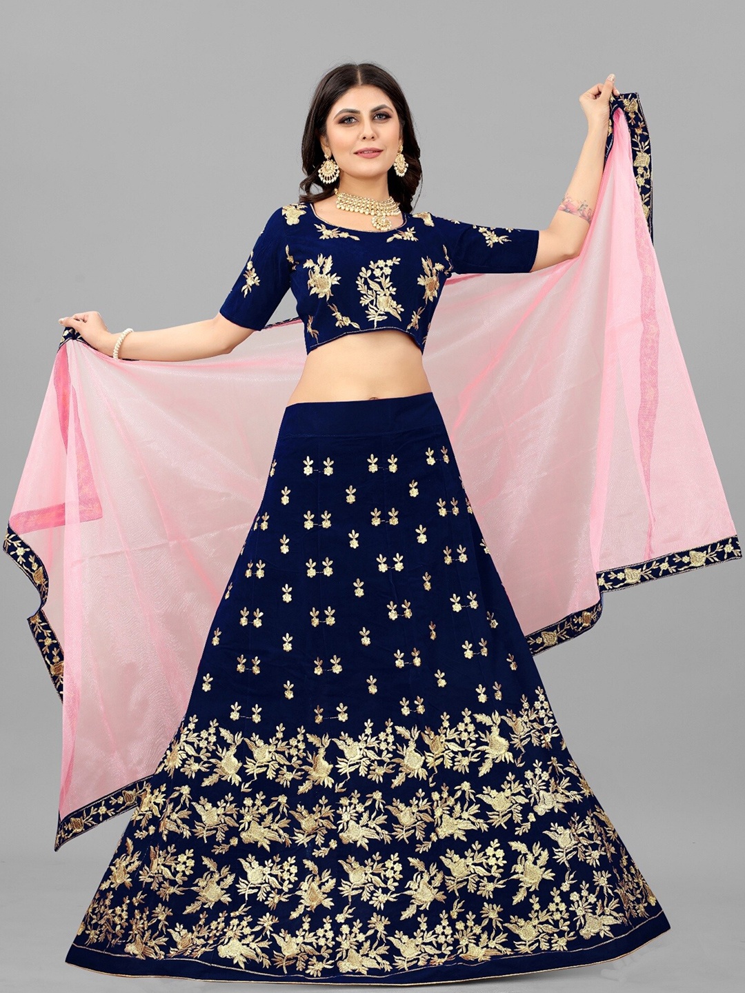 

APNISHA Embroidered Thread Work Semi-Stitched Lehenga & Unstitched Blouse With Dupatta, Blue