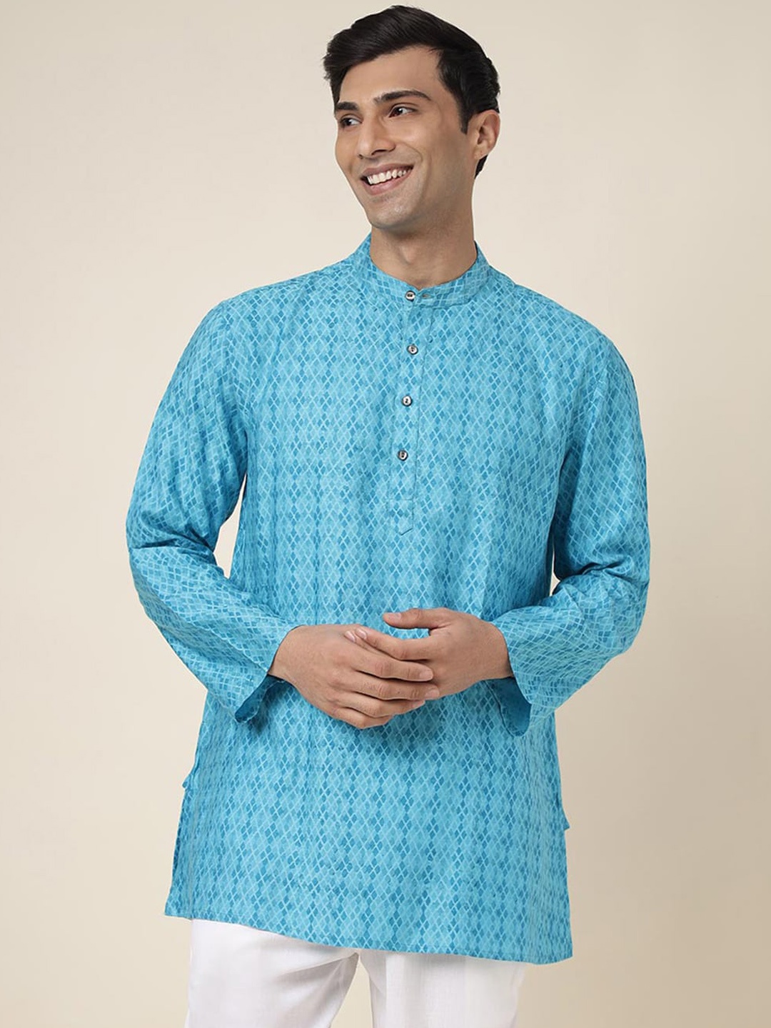 

Fabindia Geometric Printed Band Collar Kurta, Turquoise blue