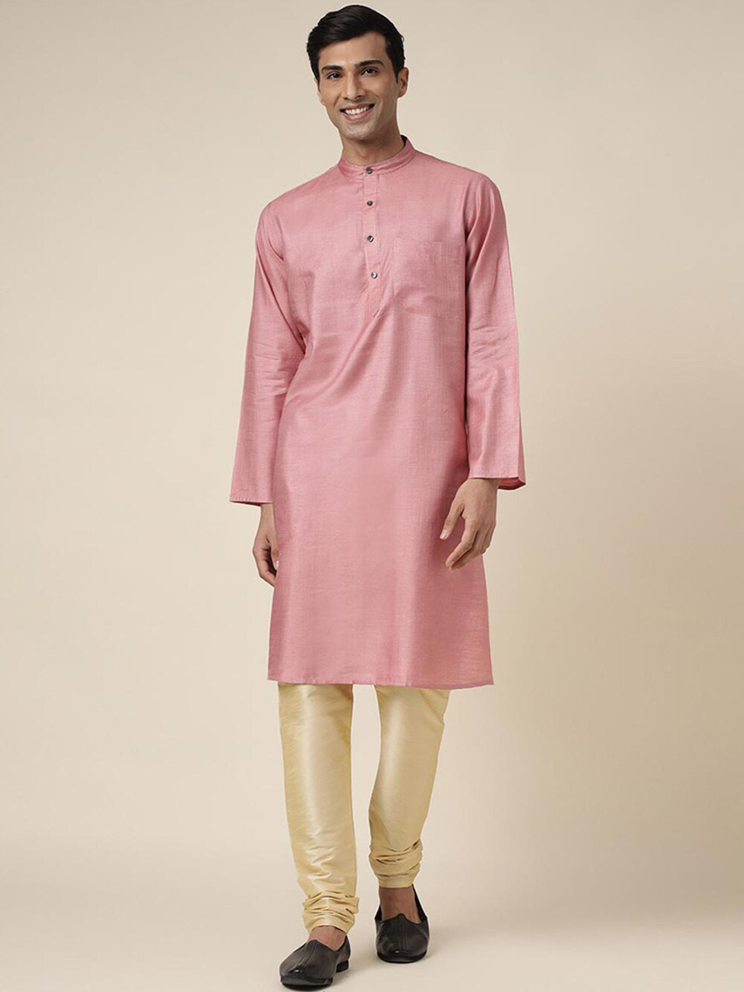 

Fabindia Band Collar Pure Silk Kurta, Pink