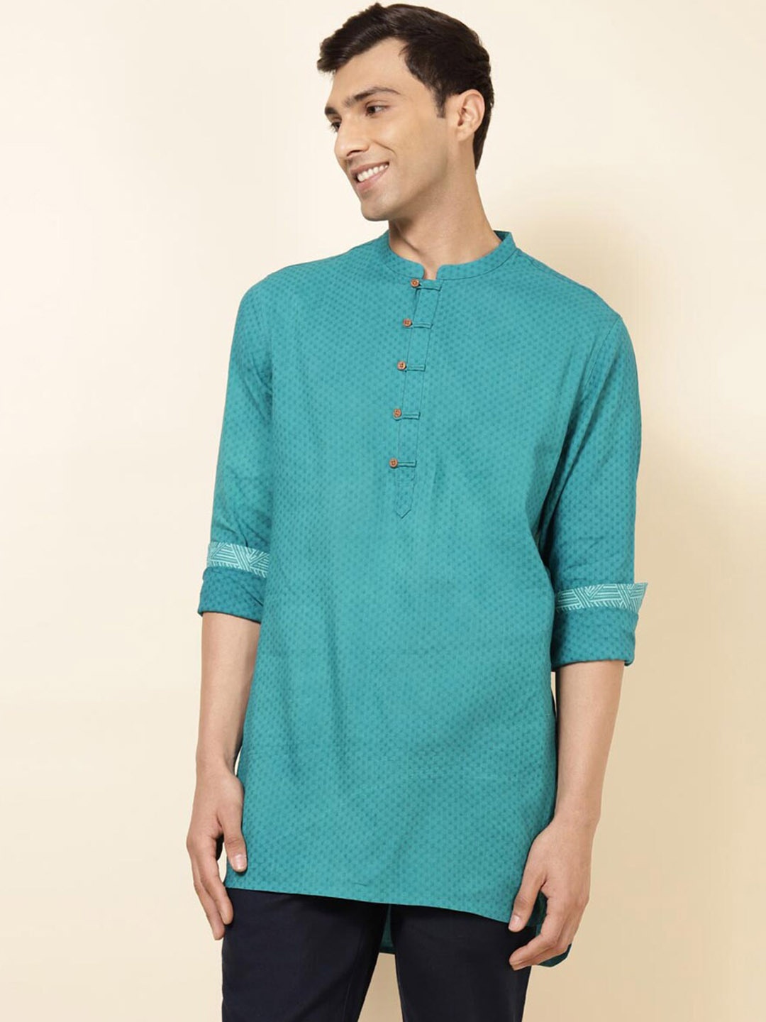 

Fabindia Printed Mandarin Collar Pure Cotton Kurta, Teal